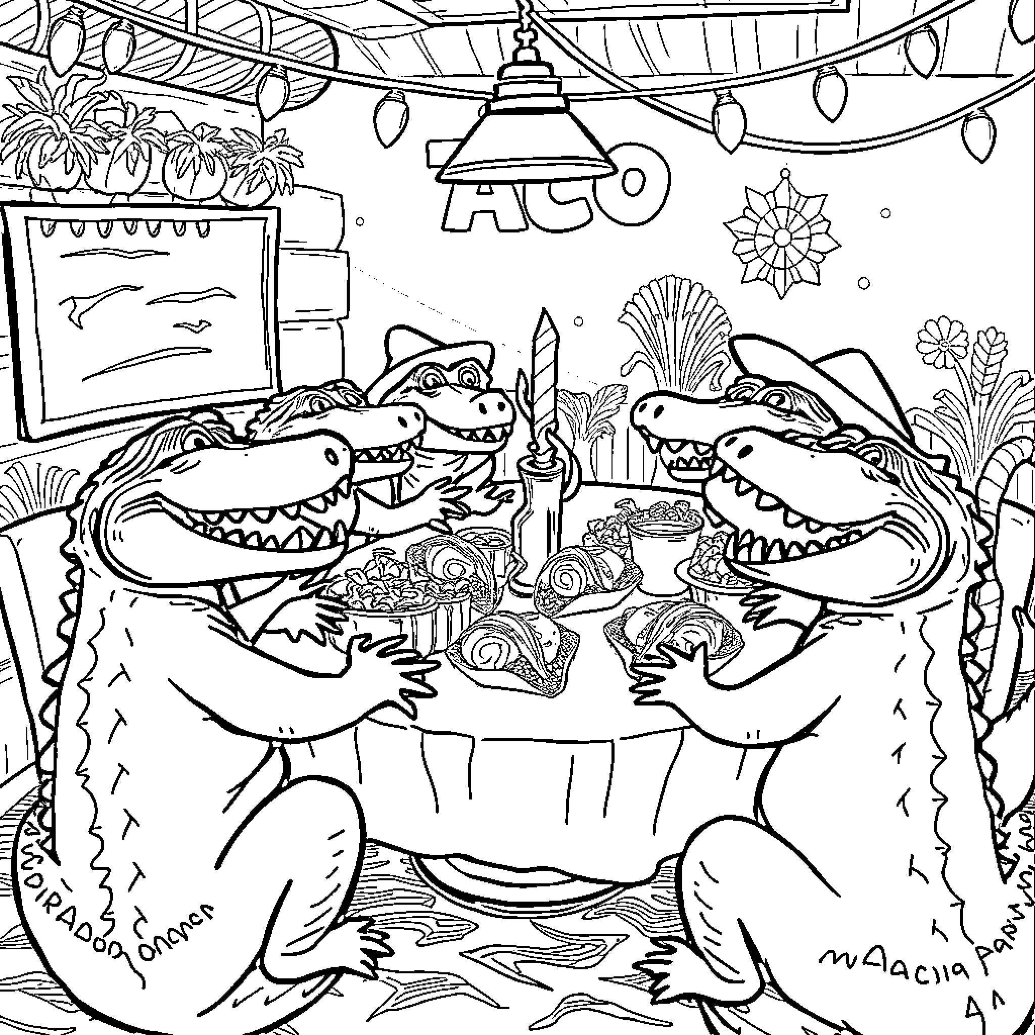 Alligators Enjoying a Festive Feast Coloring Page (free black-and-white line drawing printable PDF for all, from beginners to advanced learners, including children, teens, adults, and seniors)