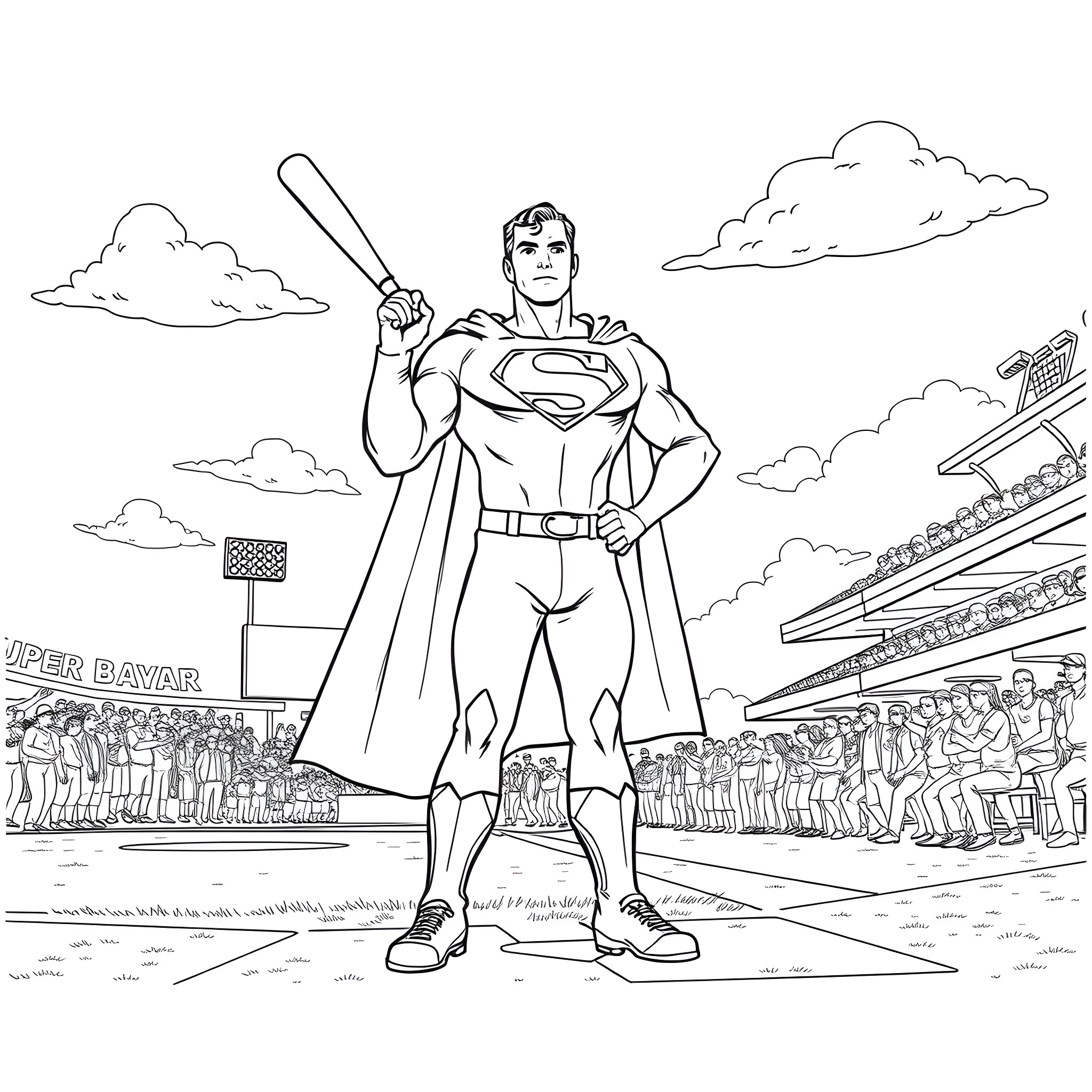 Superman heroically stands in front of cheering crowd Coloring Page (free black-and-white line drawing printable PDF for all, from beginners to advanced learners, including children, teens, adults, and seniors)