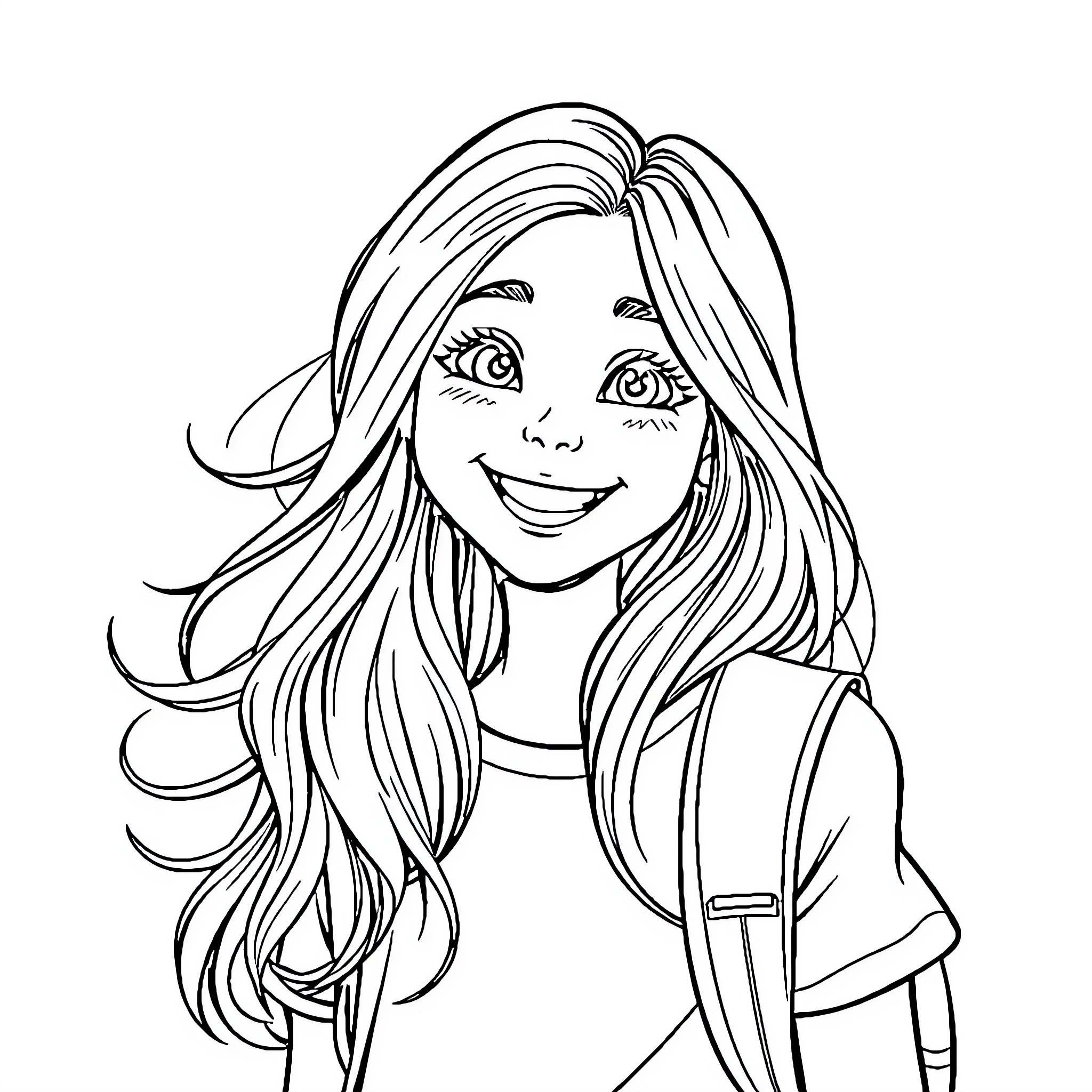 Girl with long flowing hair and a happy expression Coloring Page (free black-and-white line drawing printable PDF for all, from beginners to advanced learners, including children, teens, adults, and seniors)