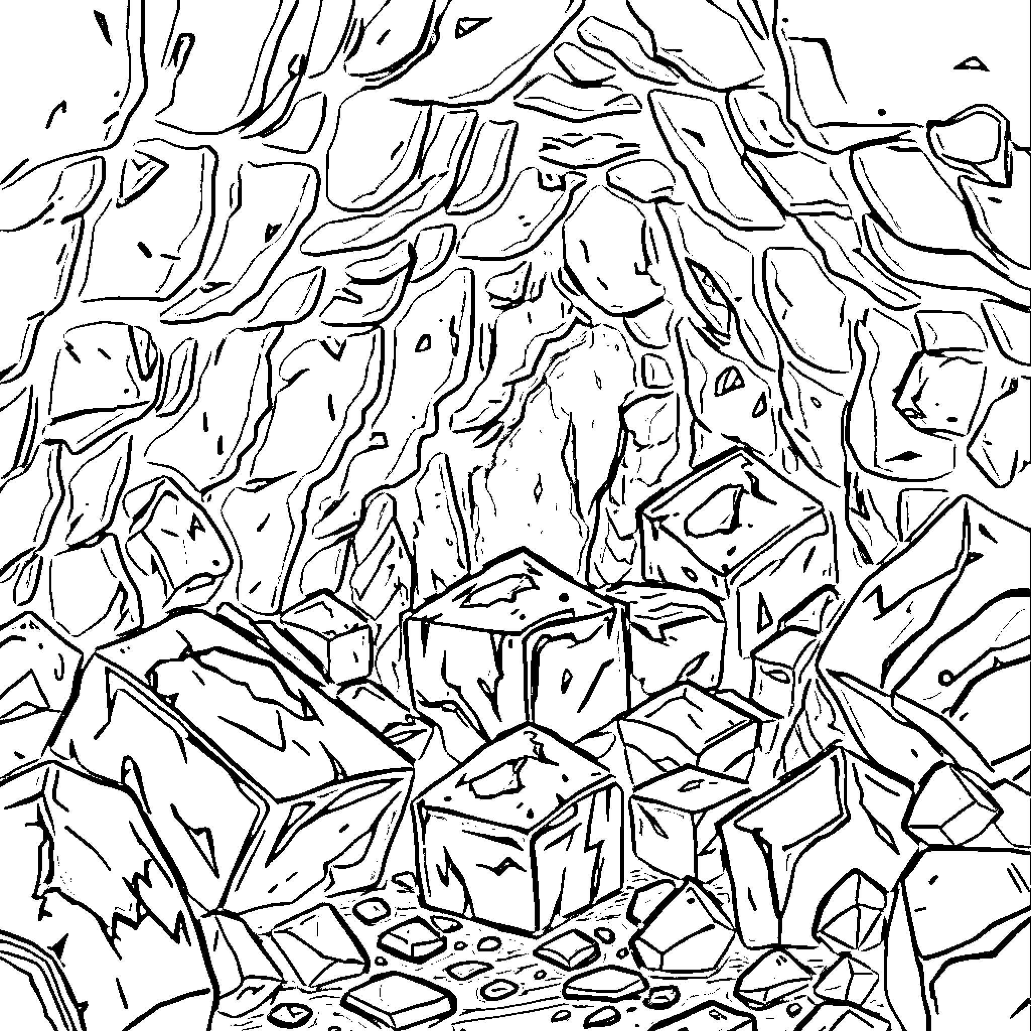 Iron Ore Deposits in Rugged Terrain Coloring Page (free black-and-white line drawing printable PDF for all, from beginners to advanced learners, including children, teens, adults, and seniors)