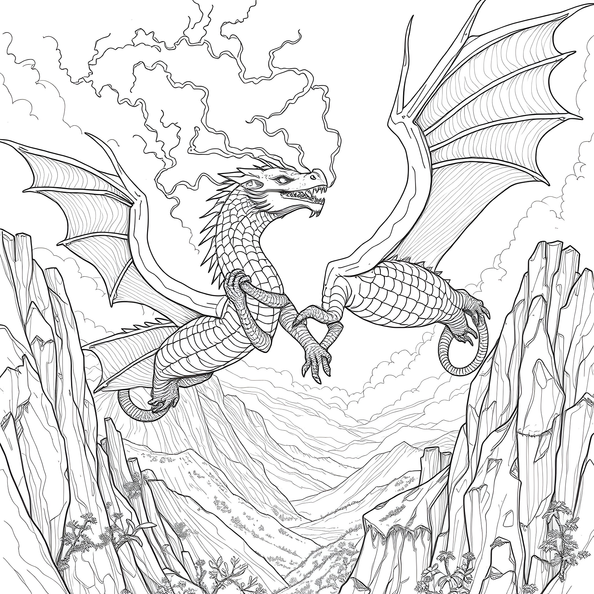 Dragon Flying Amidst Dramatic Mountainous Landscape Coloring Page (free black-and-white line drawing printable PDF for all, from beginners to advanced learners, including children, teens, adults, and seniors)