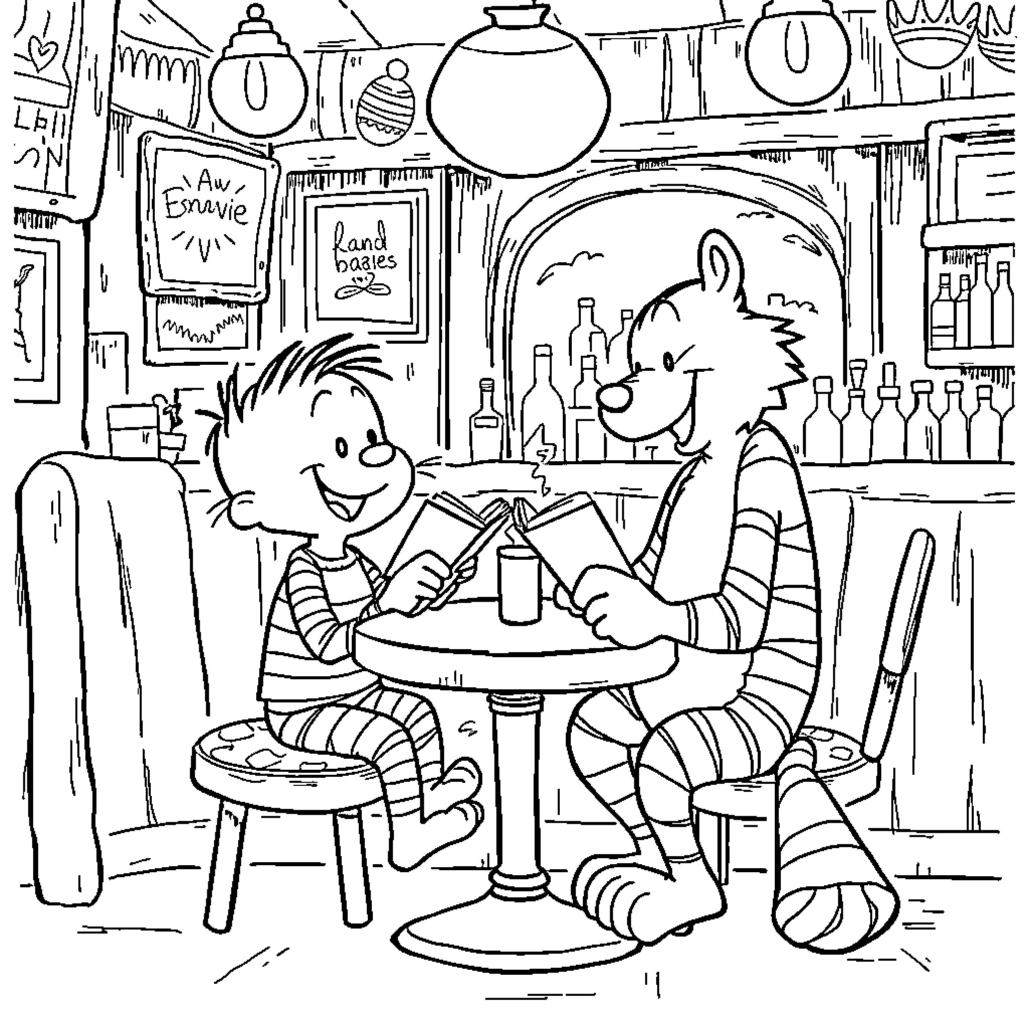 Calvin's Fun Exploration at the Local Hangout Coloring Page (free black-and-white line drawing printable PDF for all, from beginners to advanced learners, including children, teens, adults, and seniors)