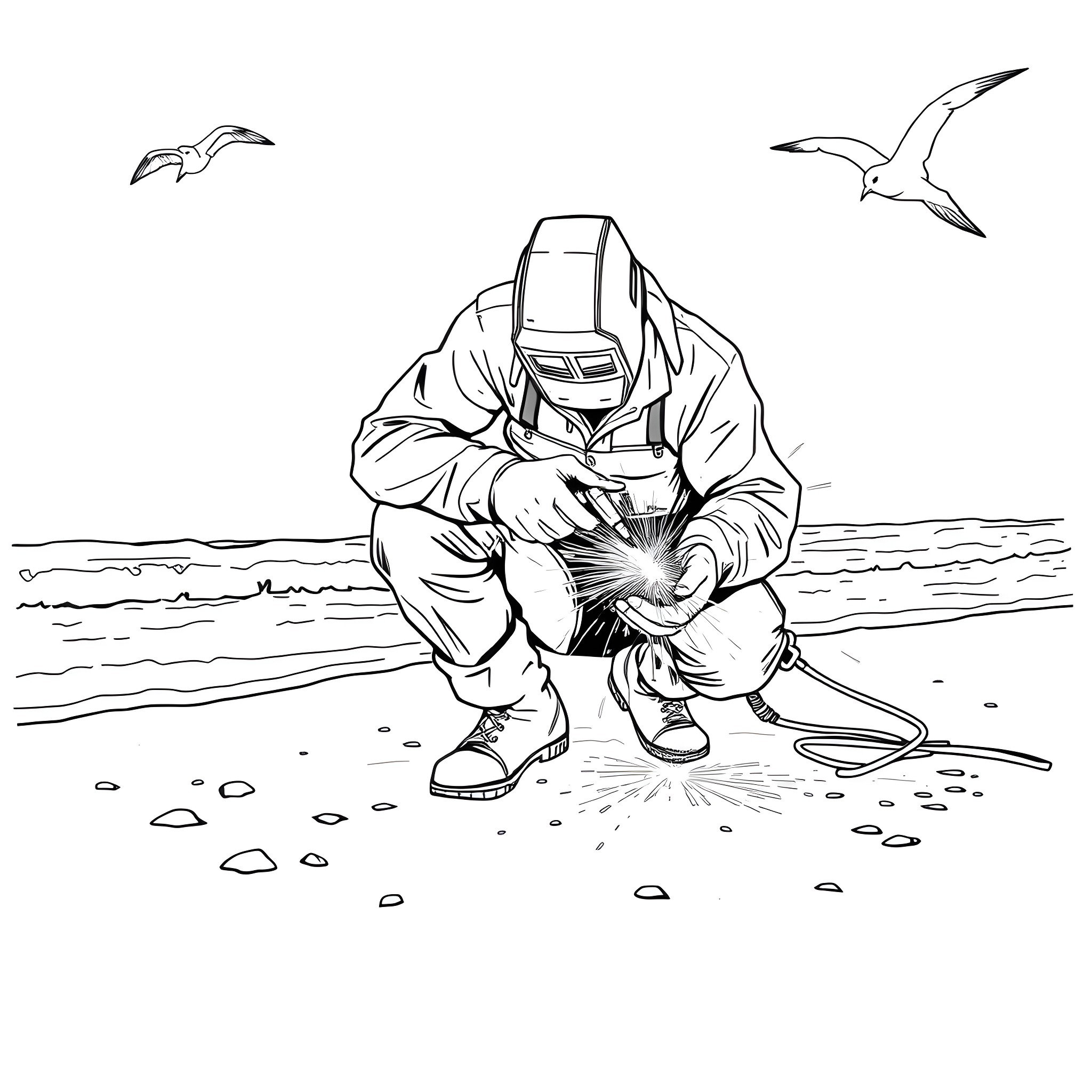 Welder working by the beach Coloring Page (free black-and-white line drawing printable PDF for all, from beginners to advanced learners, including children, teens, adults, and seniors)