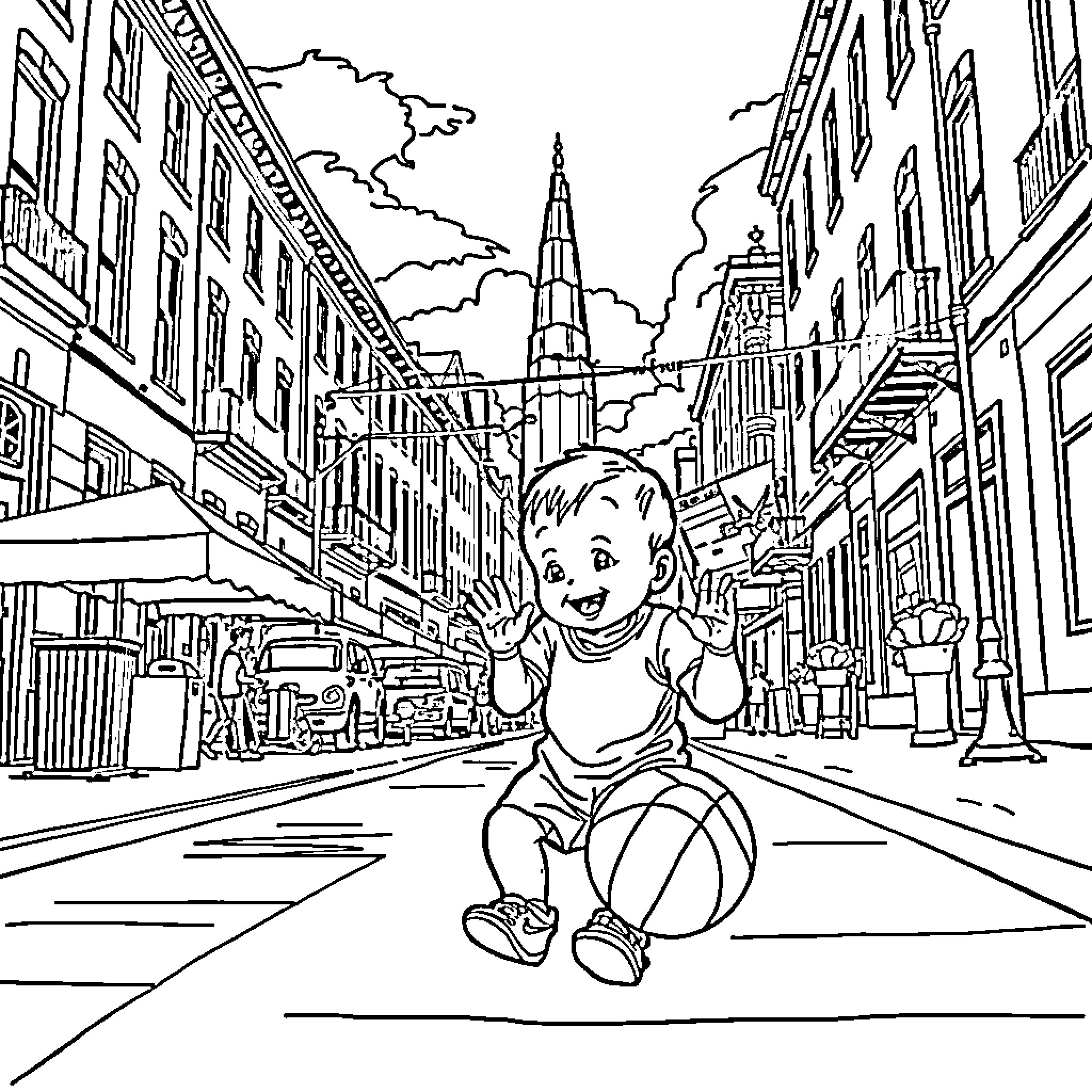 Baby Exploring the Vibrant City Streets Coloring Page (free black-and-white line drawing printable PDF for all, from beginners to advanced learners, including children, teens, adults, and seniors)