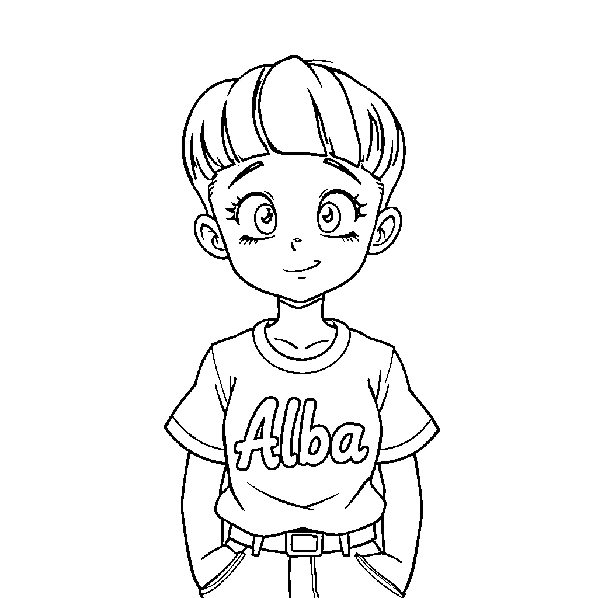 Bulma's Cheerful Expression and Alba T-Shirt Coloring Page (free black-and-white line drawing printable PDF for all, from beginners to advanced learners, including children, teens, adults, and seniors)
