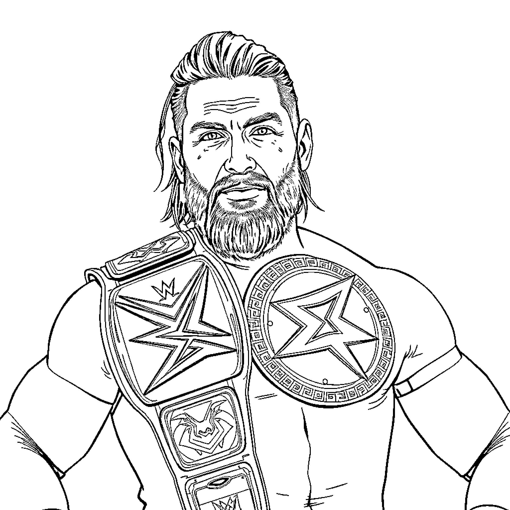 Seth Rollins displaying wrestling championship belts Coloring Page (free black-and-white line drawing printable PDF for all, from beginners to advanced learners, including children, teens, adults, and seniors)