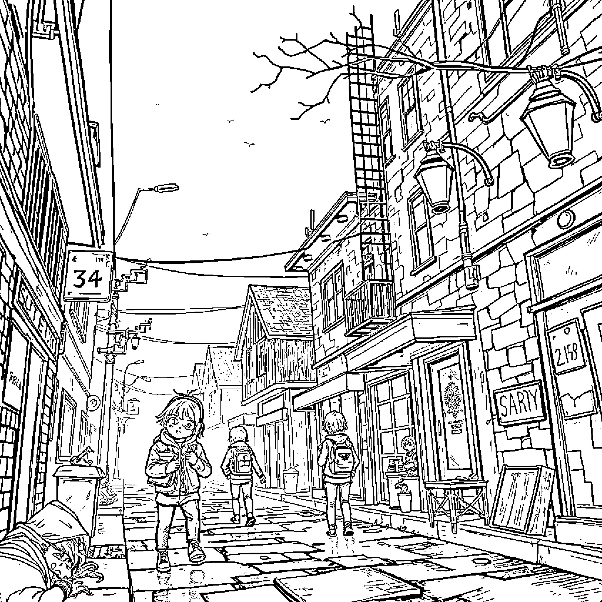 Kids exploring old city streets with backpacks Coloring Page (free black-and-white line drawing printable PDF for all, from beginners to advanced learners, including children, teens, adults, and seniors)