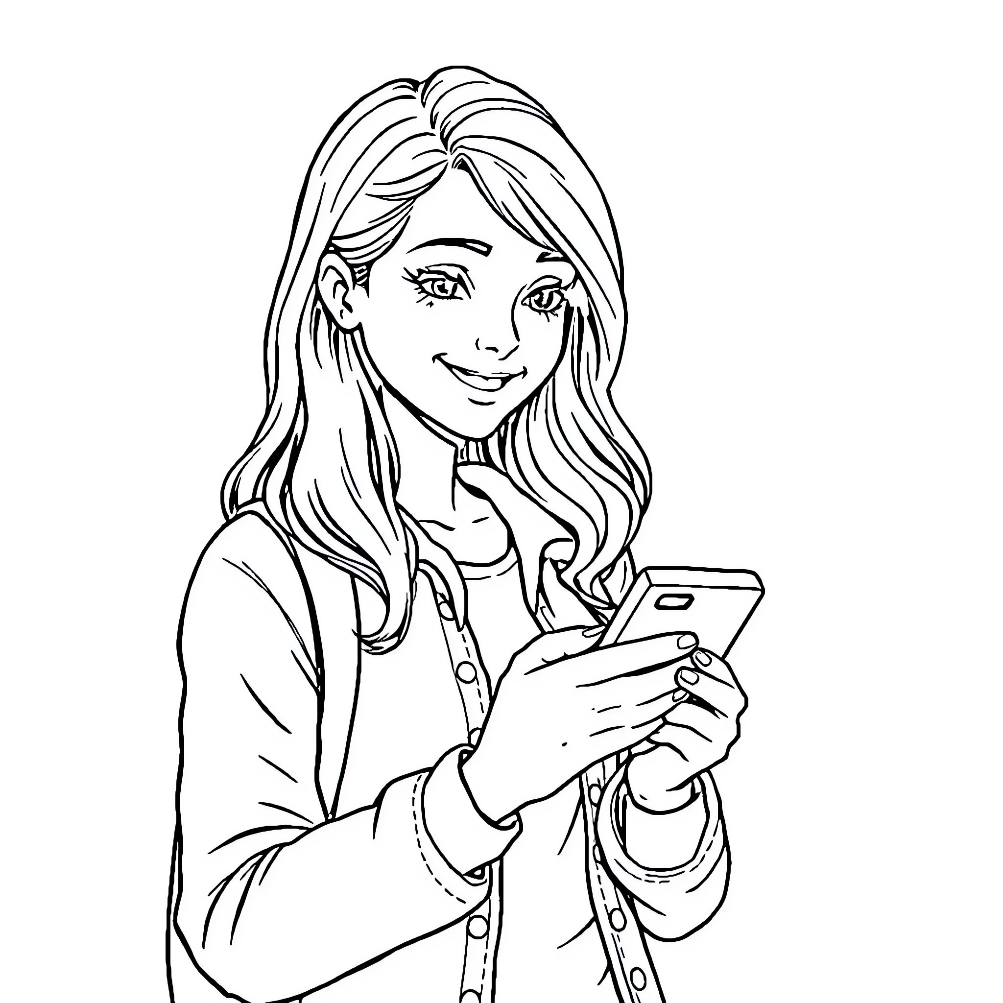 Girl using smartphone with a smile Coloring Page (free black-and-white line drawing printable PDF for all, from beginners to advanced learners, including children, teens, adults, and seniors)