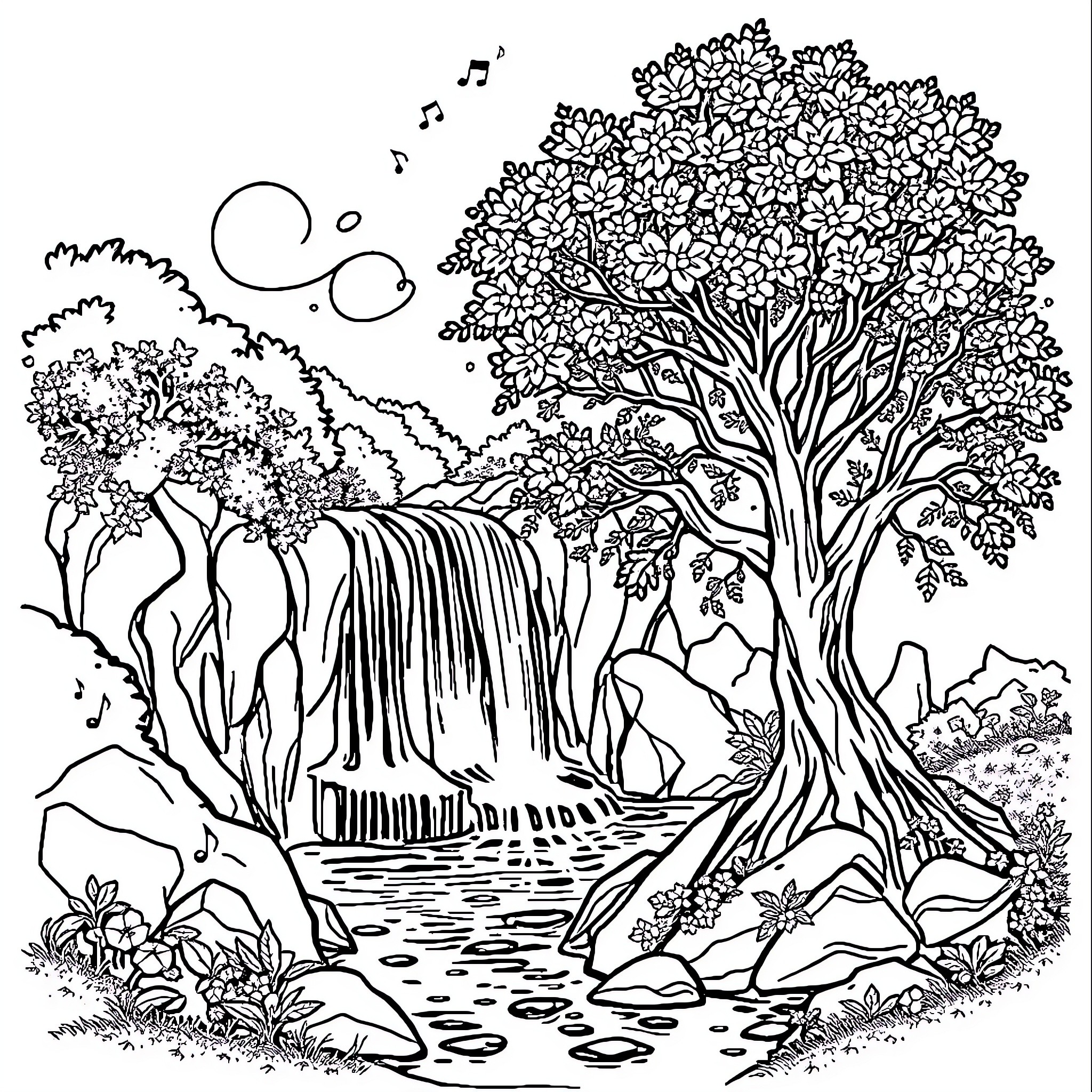 Tree-filled Serene Landscape with Waterfall Coloring Page (free black-and-white line drawing printable PDF for all, from beginners to advanced learners, including children, teens, adults, and seniors)