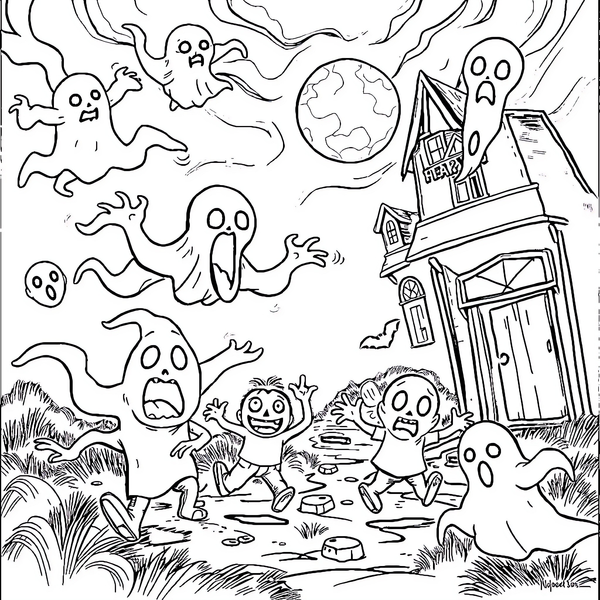 Horror Creatures Causing Mayhem in a Haunted Landscape Coloring Page (free black-and-white line drawing printable PDF for all, from beginners to advanced learners, including children, teens, adults, and seniors)