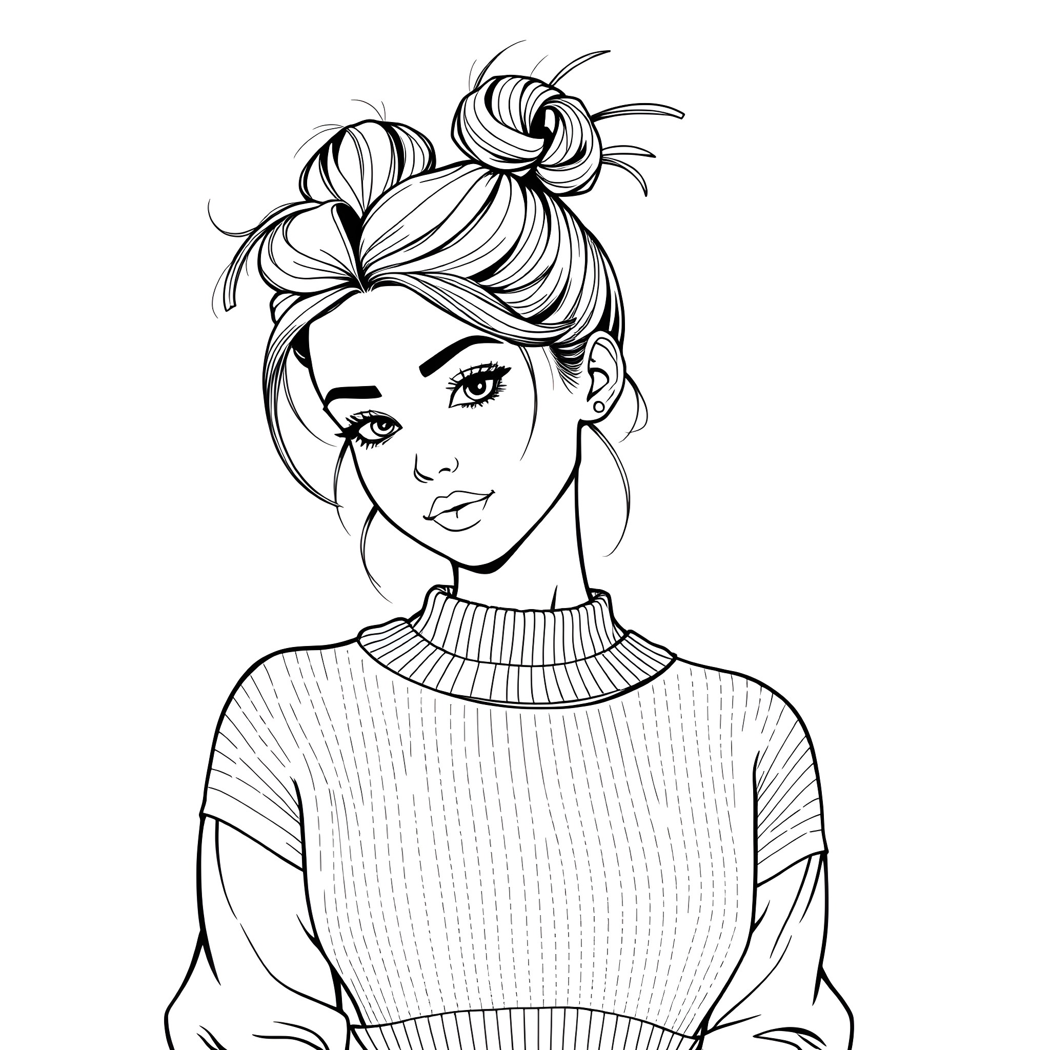 Girl with stylish bun hairstyle in sweater Coloring Page (free black-and-white line drawing printable PDF for all, from beginners to advanced learners, including children, teens, adults, and seniors)