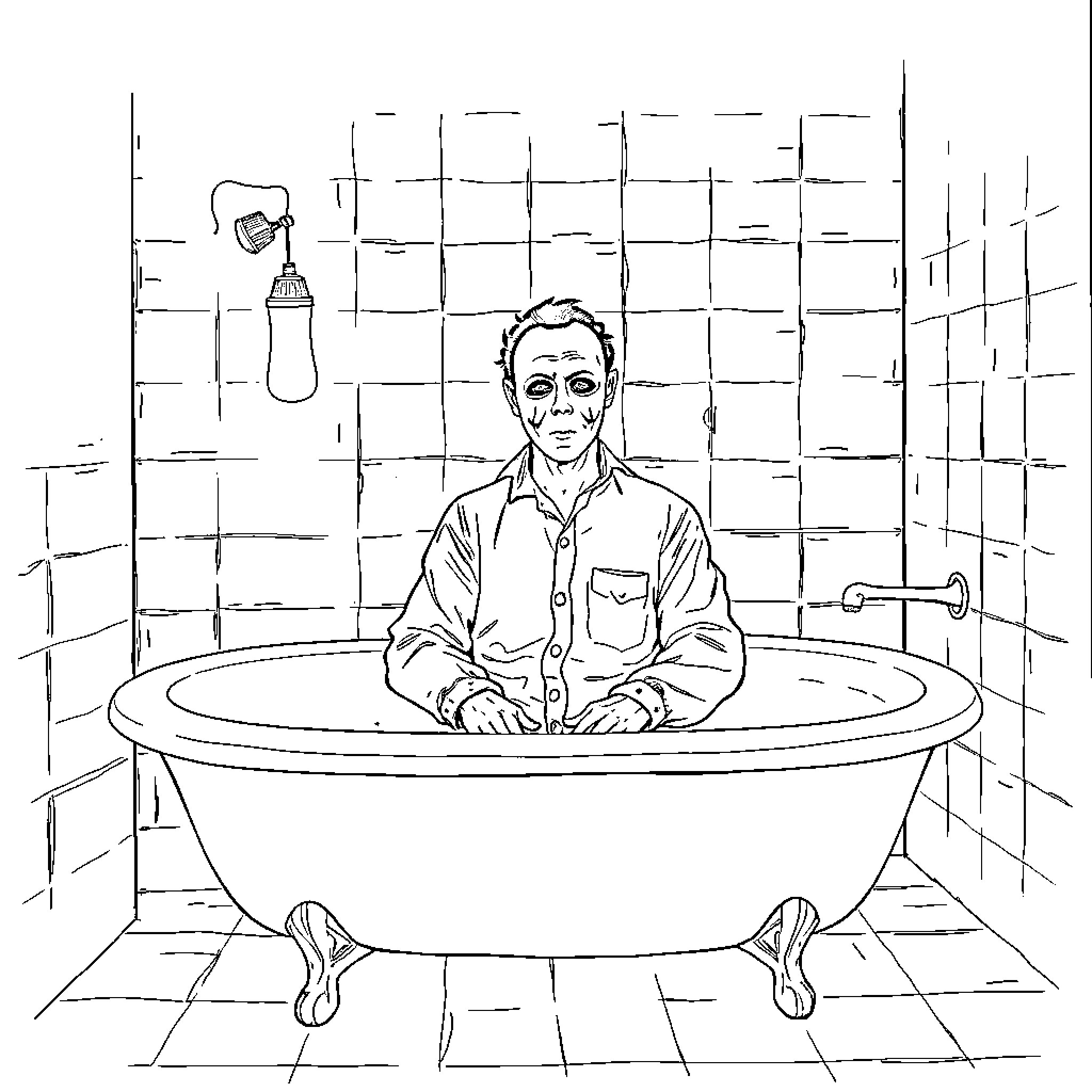 Michael Myers relaxing in the bathtub Coloring Page (free black-and-white line drawing printable PDF for all, from beginners to advanced learners, including children, teens, adults, and seniors)