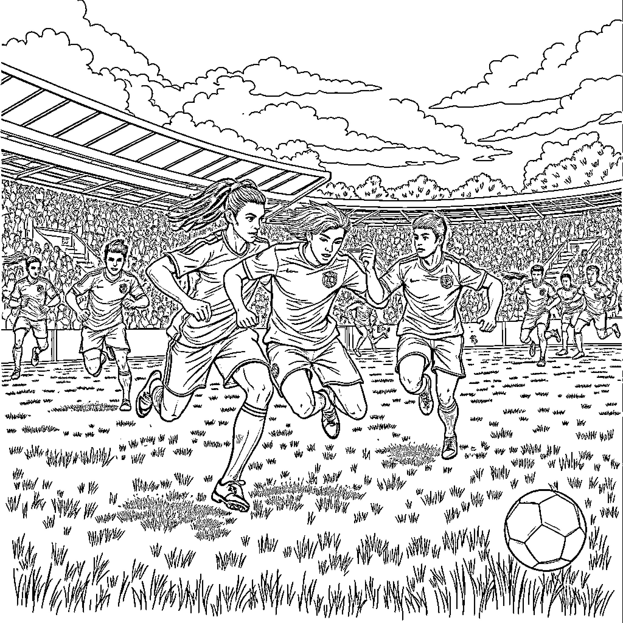 Football players in competitive match on field Coloring Page (free black-and-white line drawing printable PDF for all, from beginners to advanced learners, including children, teens, adults, and seniors)
