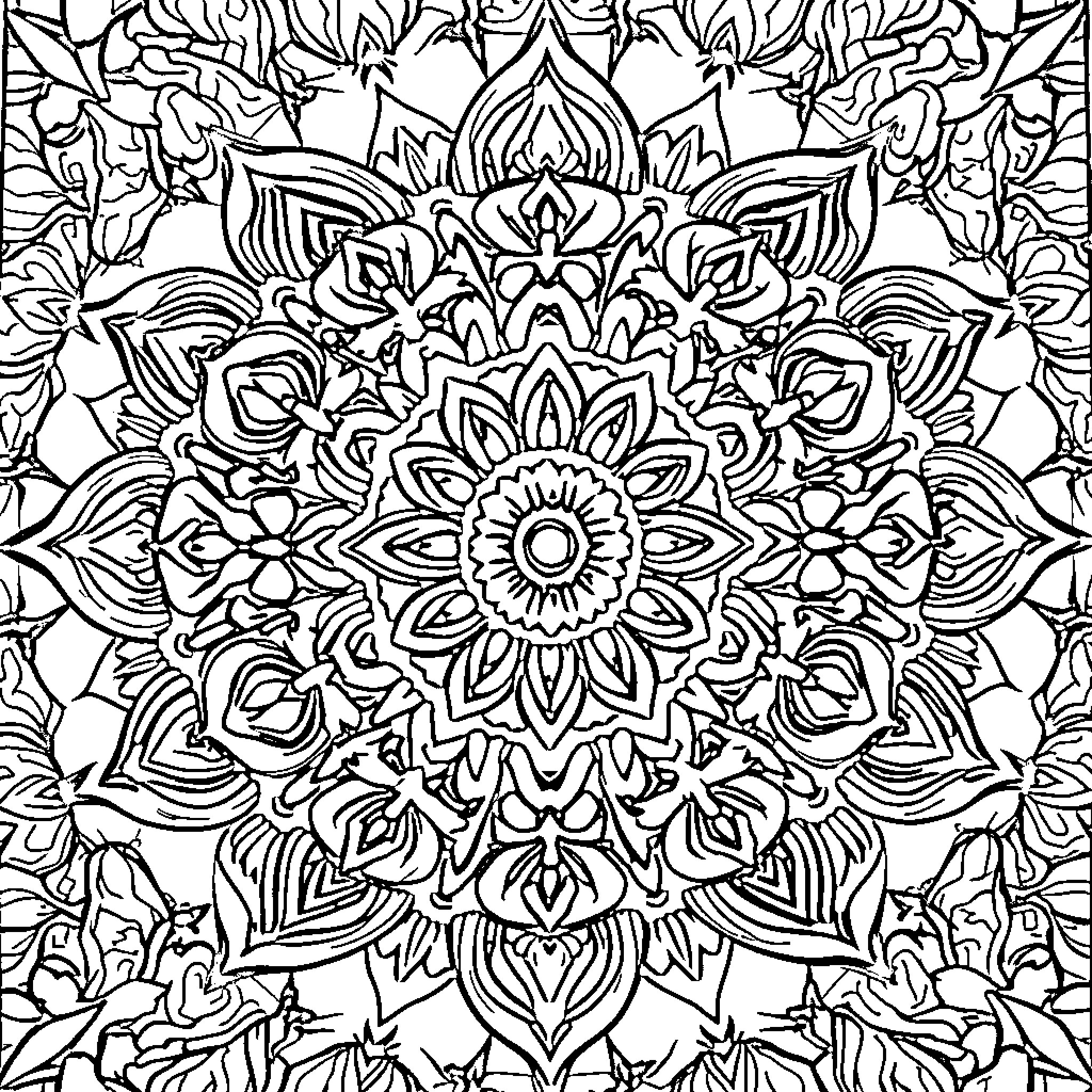 Mandala of intricate floral patterns Coloring Page (free black-and-white line drawing printable PDF for all, from beginners to advanced learners, including children, teens, adults, and seniors)