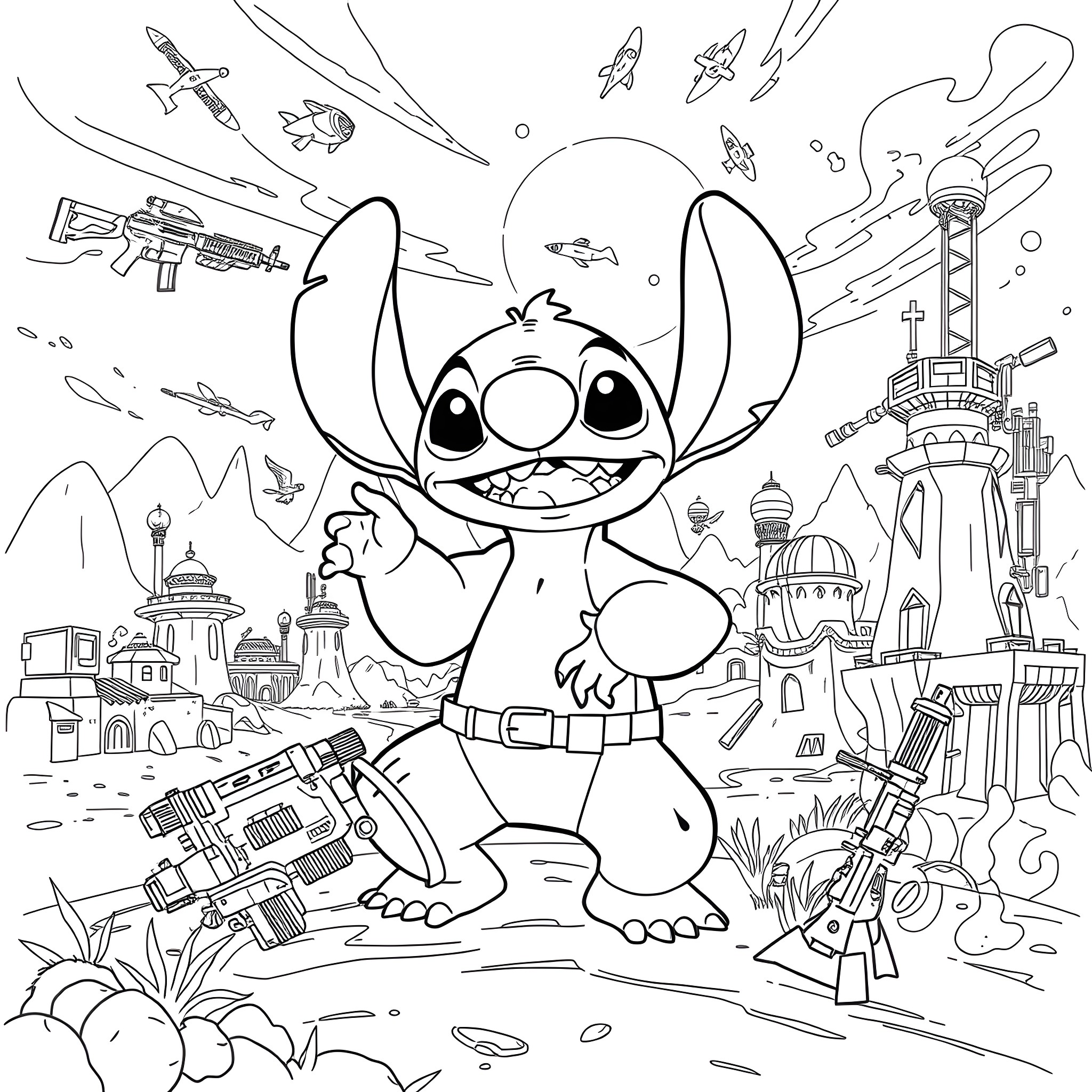 Stitch's Intergalactic Adventure Coloring Page (free black-and-white line drawing printable PDF for all, from beginners to advanced learners, including children, teens, adults, and seniors)