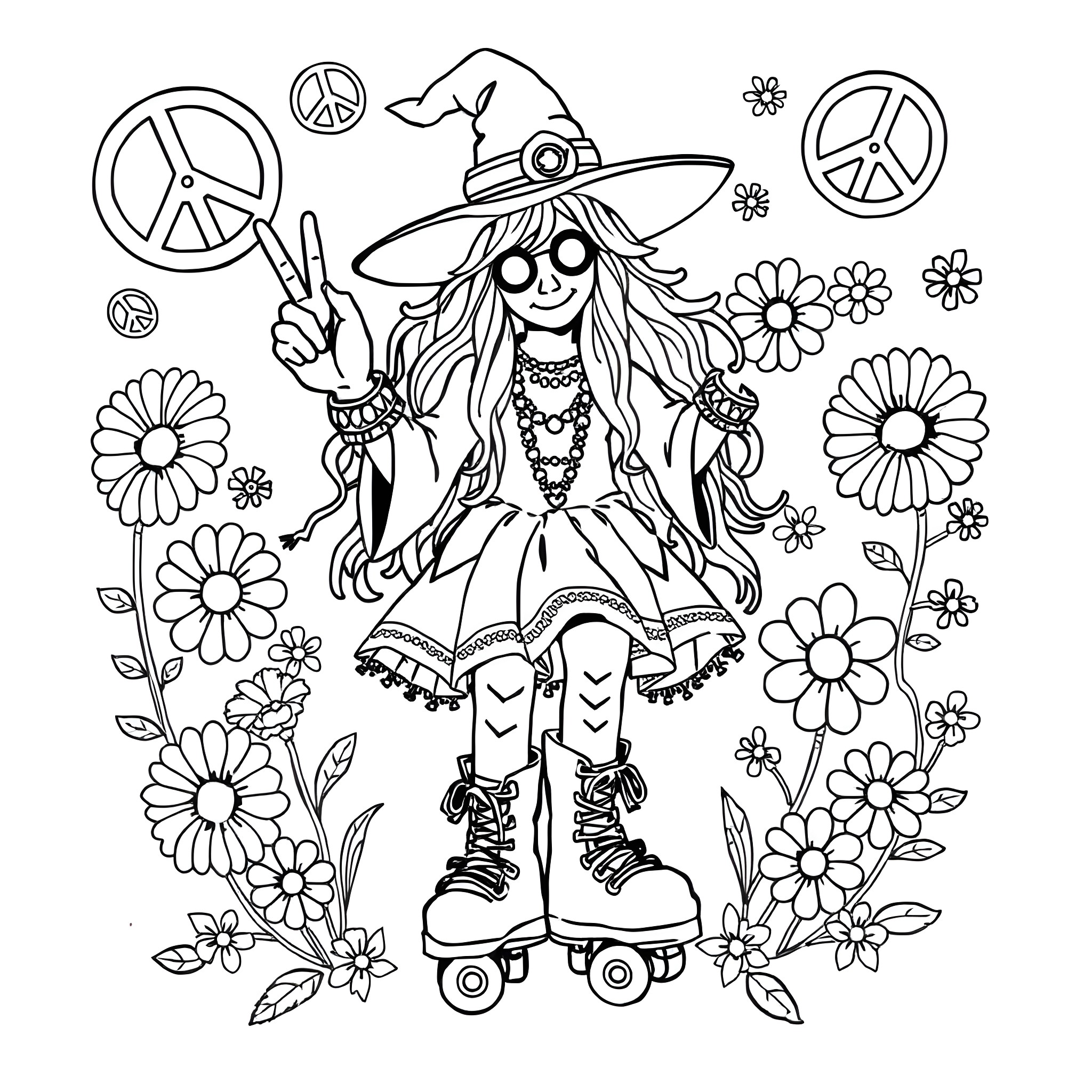 Witch in Peaceful Floral Wonderland Coloring Page (free black-and-white line drawing printable PDF for all, from beginners to advanced learners, including children, teens, adults, and seniors)