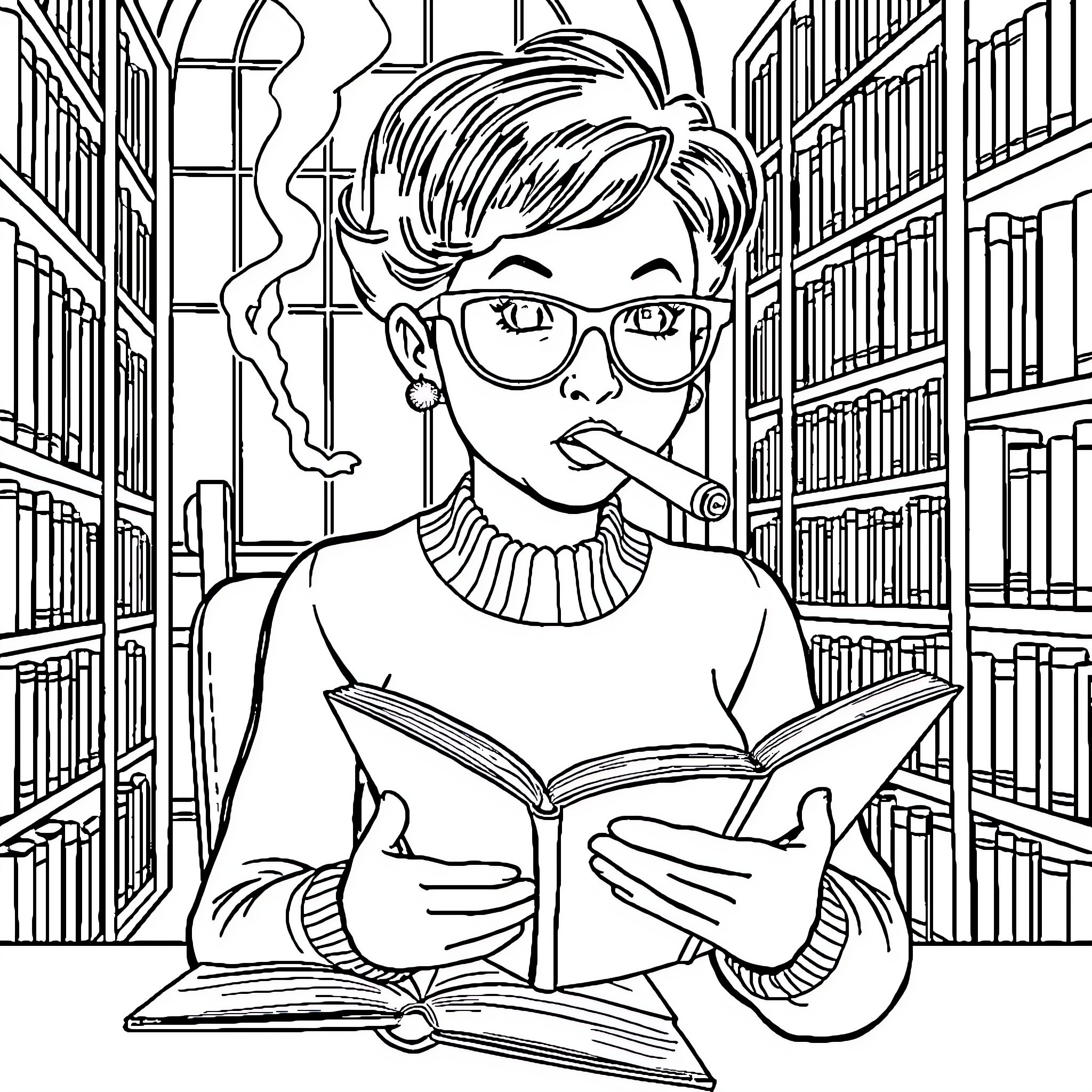 Velma reading intently in the library Coloring Page (free black-and-white line drawing printable PDF for all, from beginners to advanced learners, including children, teens, adults, and seniors)