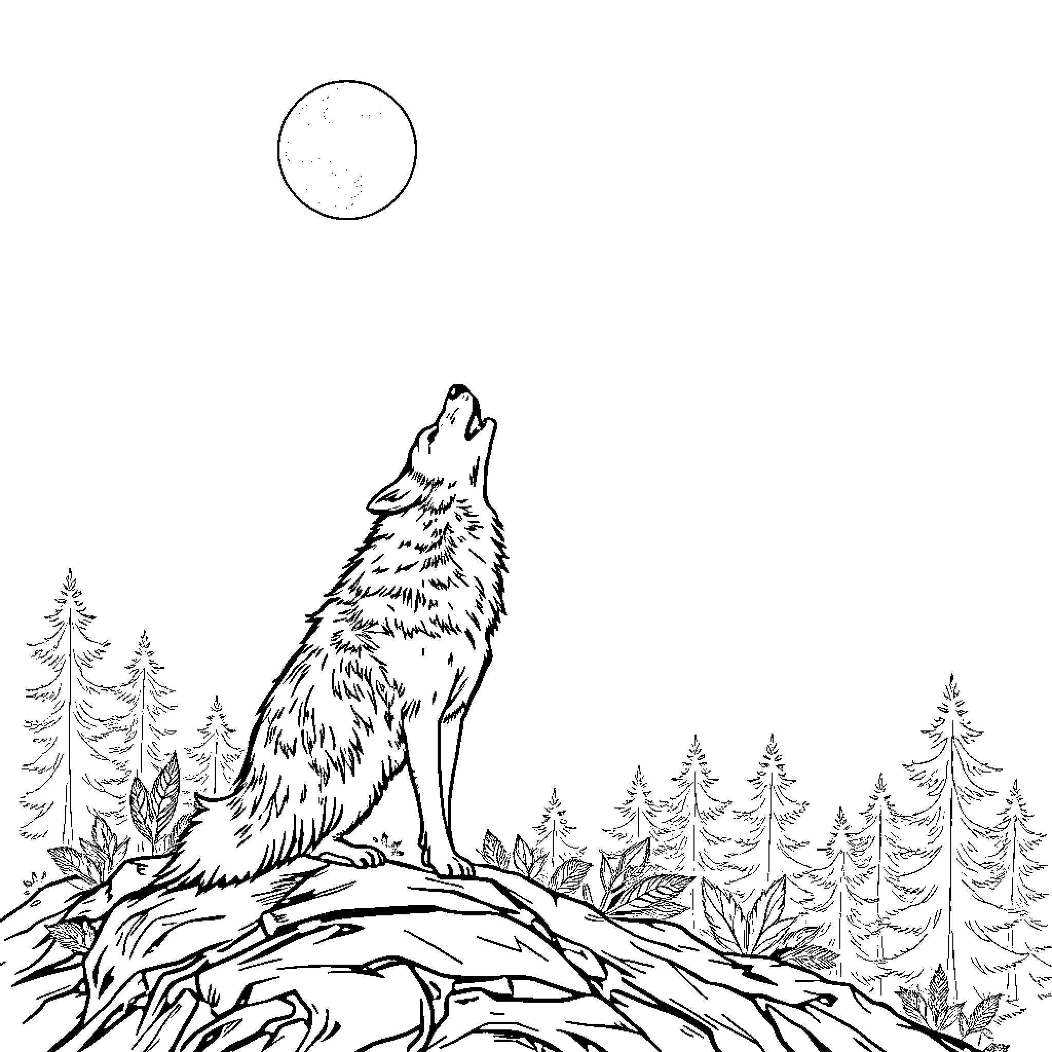 Wolf Howling at the Moon in the Forest Coloring Page (free black-and-white line drawing printable PDF for all, from beginners to advanced learners, including children, teens, adults, and seniors)