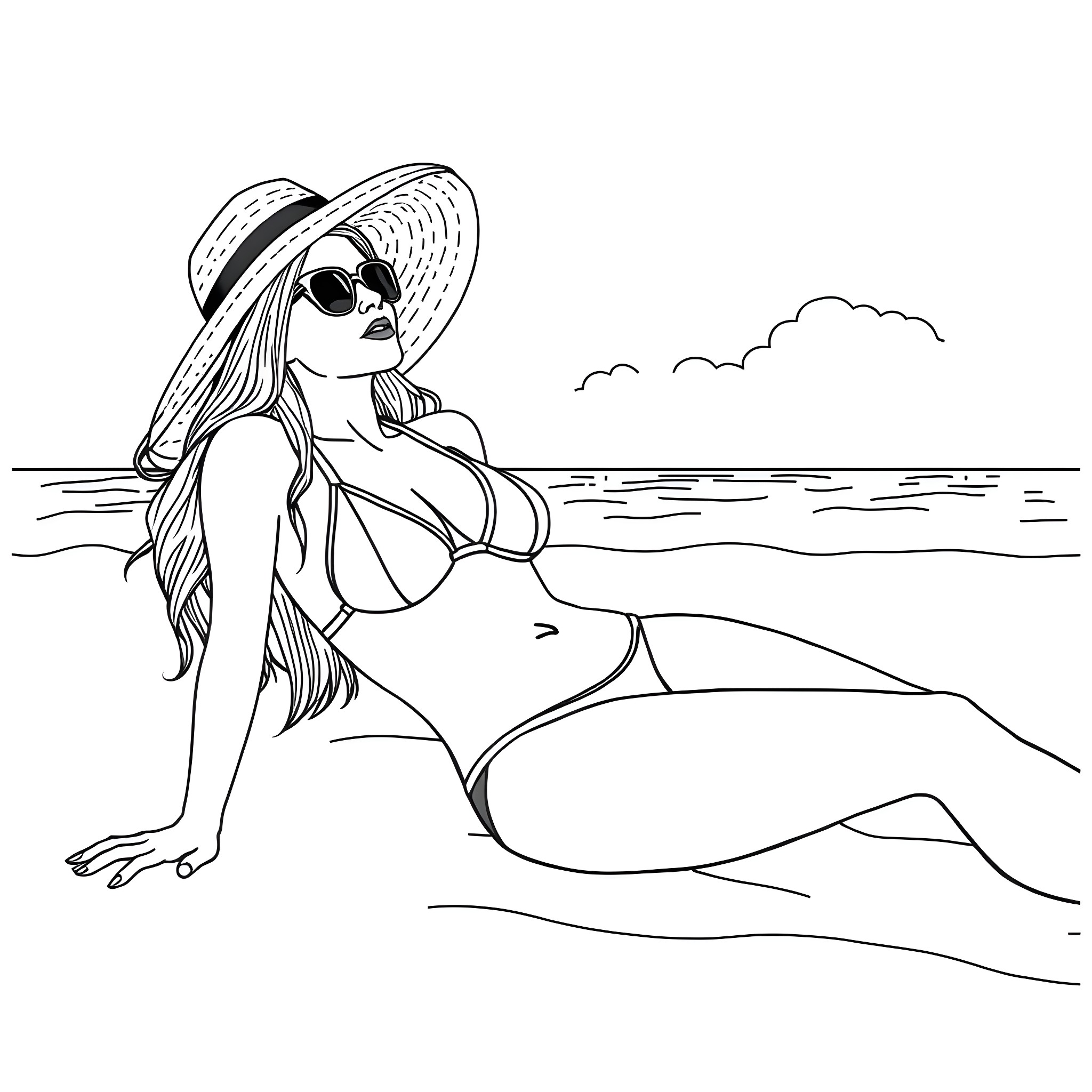 Woman relaxing on the beach in swimwear and sunhat Coloring Page (free black-and-white line drawing printable PDF for all, from beginners to advanced learners, including children, teens, adults, and seniors)