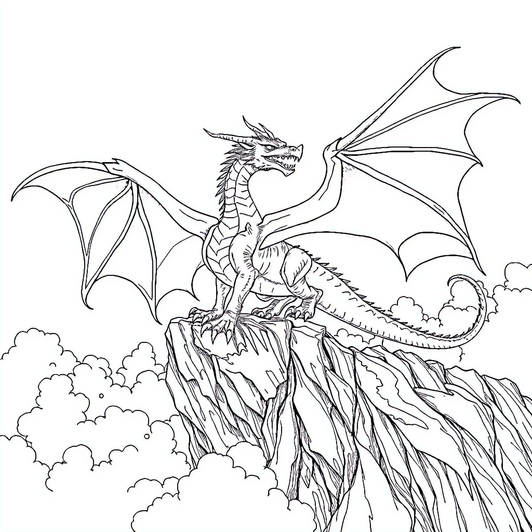 Dragon Soaring High Above the Clouds Coloring Page (free black-and-white line drawing printable PDF for all, from beginners to advanced learners, including children, teens, adults, and seniors)