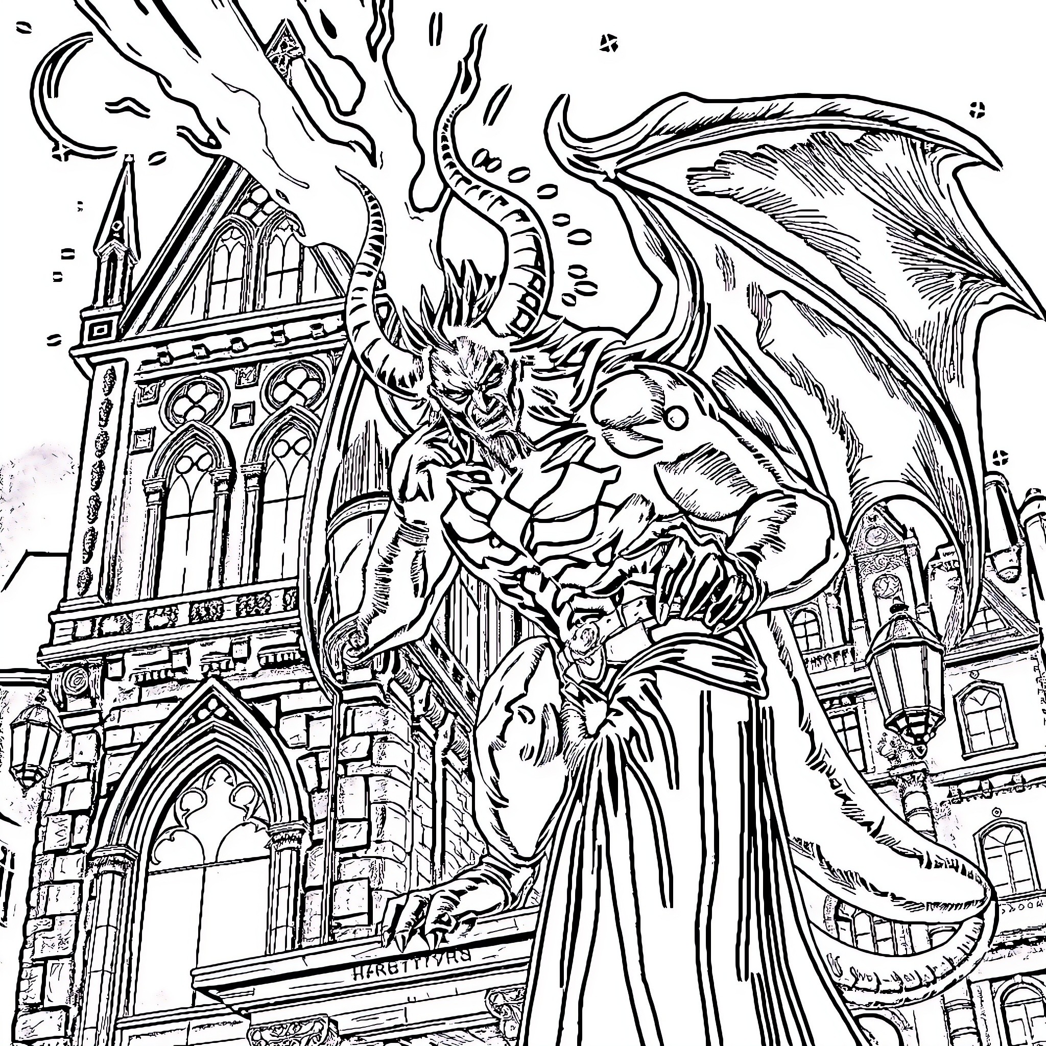 Alastor in a Fantastical Gothic Scene Coloring Page (free black-and-white line drawing printable PDF for all, from beginners to advanced learners, including children, teens, adults, and seniors)