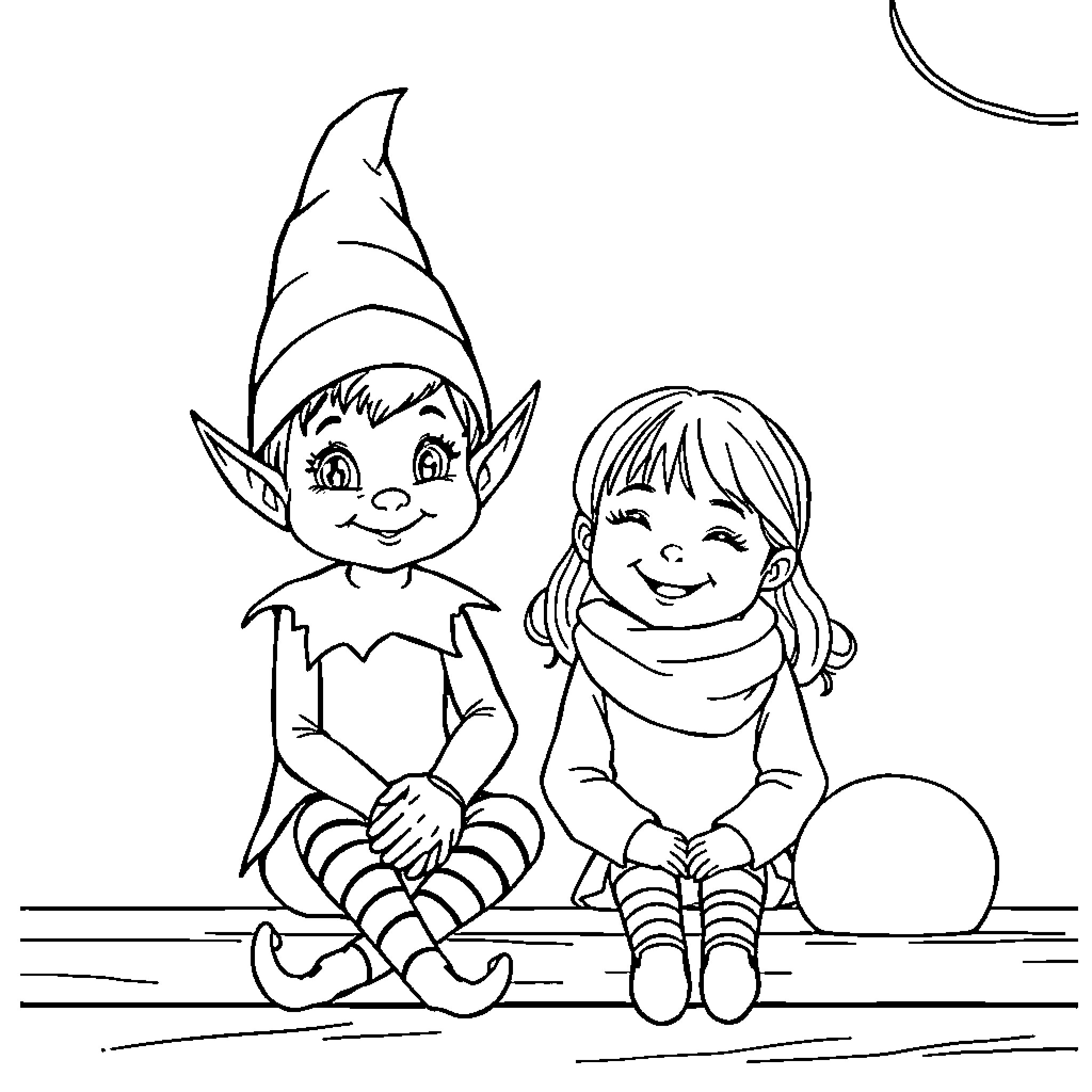 Elf companions playing together joyfully Coloring Page (free black-and-white line drawing printable PDF for all, from beginners to advanced learners, including children, teens, adults, and seniors)