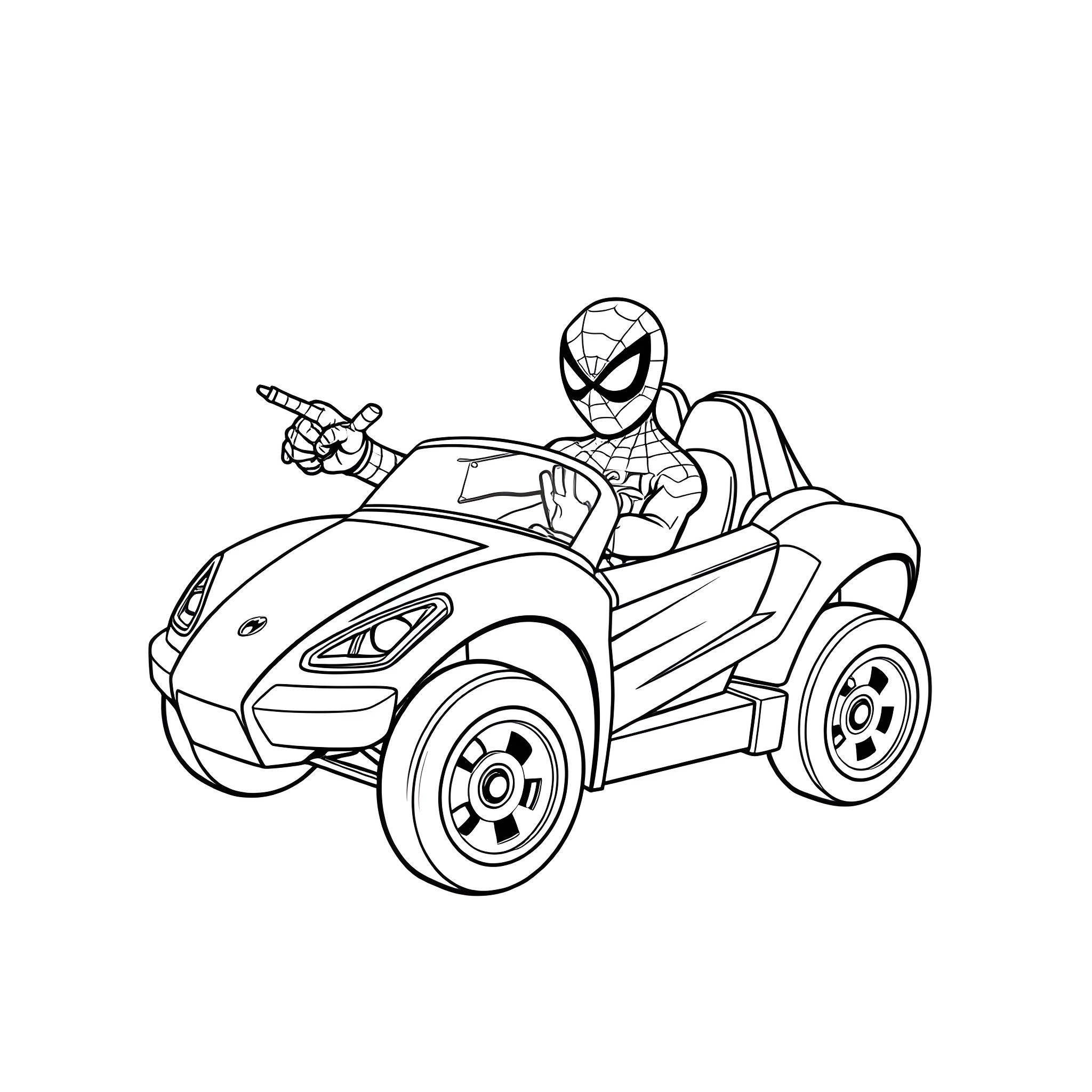 Spiderman driving a racing car Coloring Page (free black-and-white line drawing printable PDF for all, from beginners to advanced learners, including children, teens, adults, and seniors)