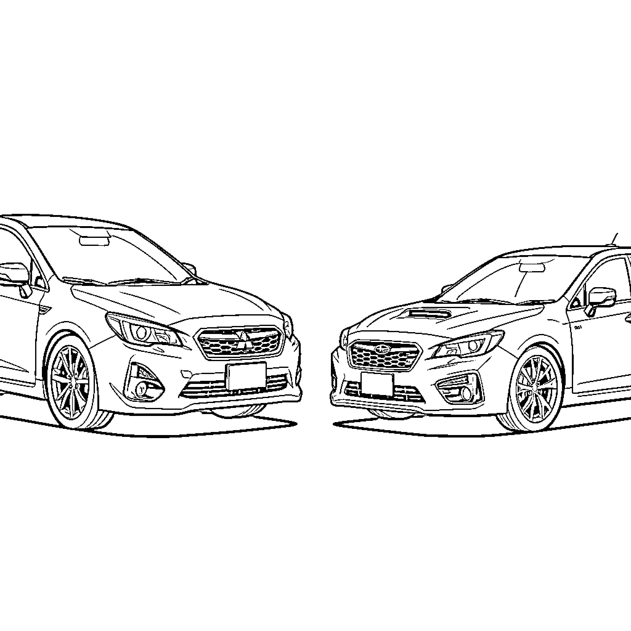 Mitsubishi and another car parked side by side Coloring Page (free black-and-white line drawing printable PDF for all, from beginners to advanced learners, including children, teens, adults, and seniors)