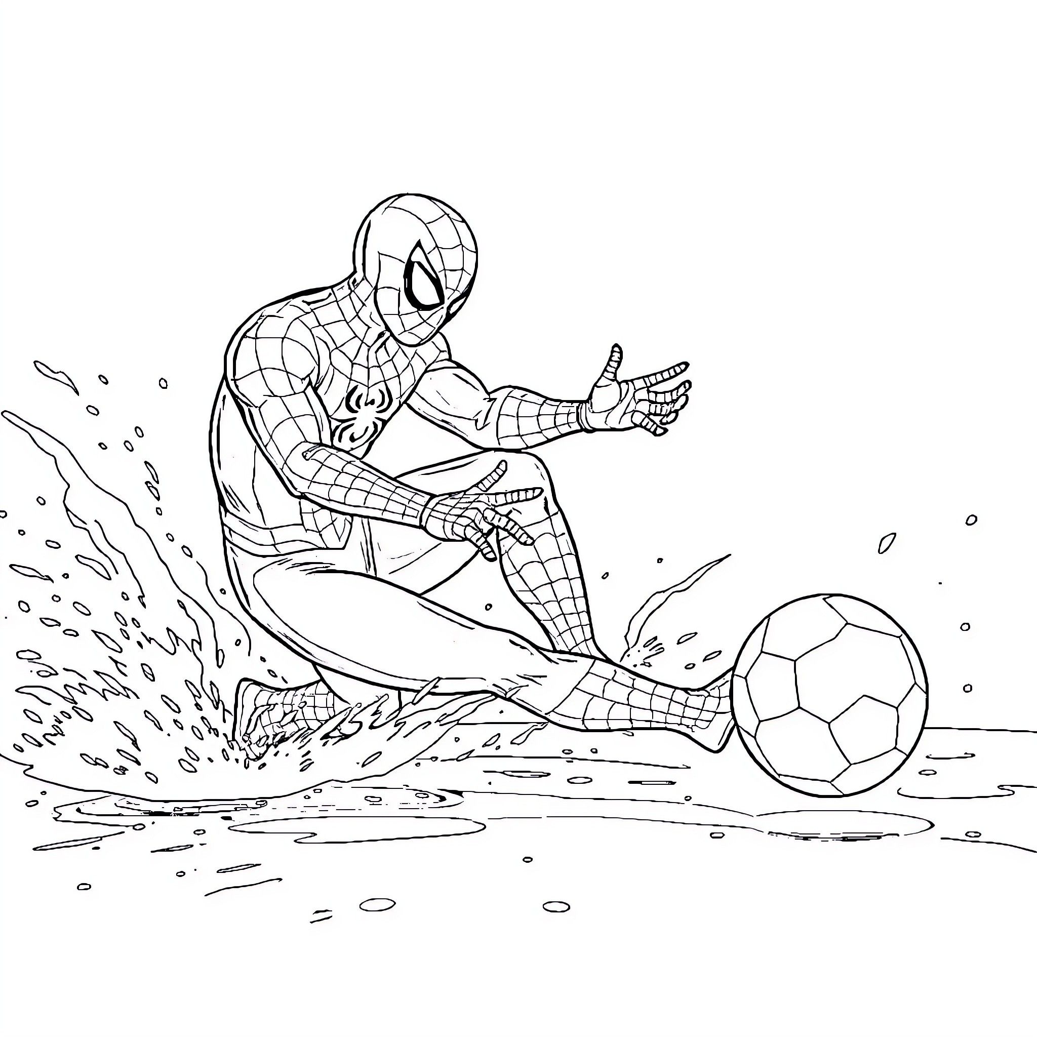 Spiderman kicking soccer ball in action pose Coloring Page (free black-and-white line drawing printable PDF for all, from beginners to advanced learners, including children, teens, adults, and seniors)