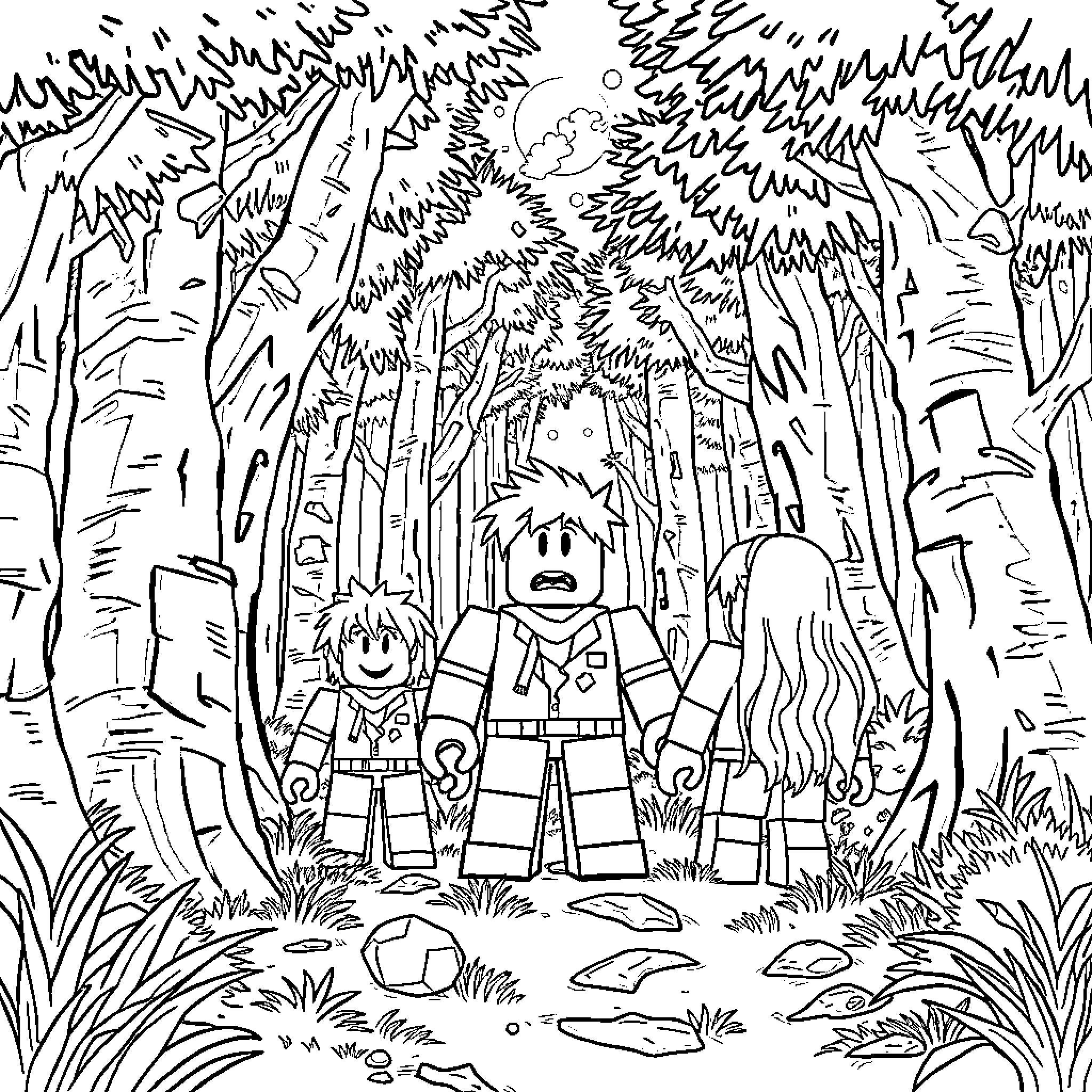 Character Exploration in a Fantastical Forest Coloring Page (free black-and-white line drawing printable PDF for all, from beginners to advanced learners, including children, teens, adults, and seniors)