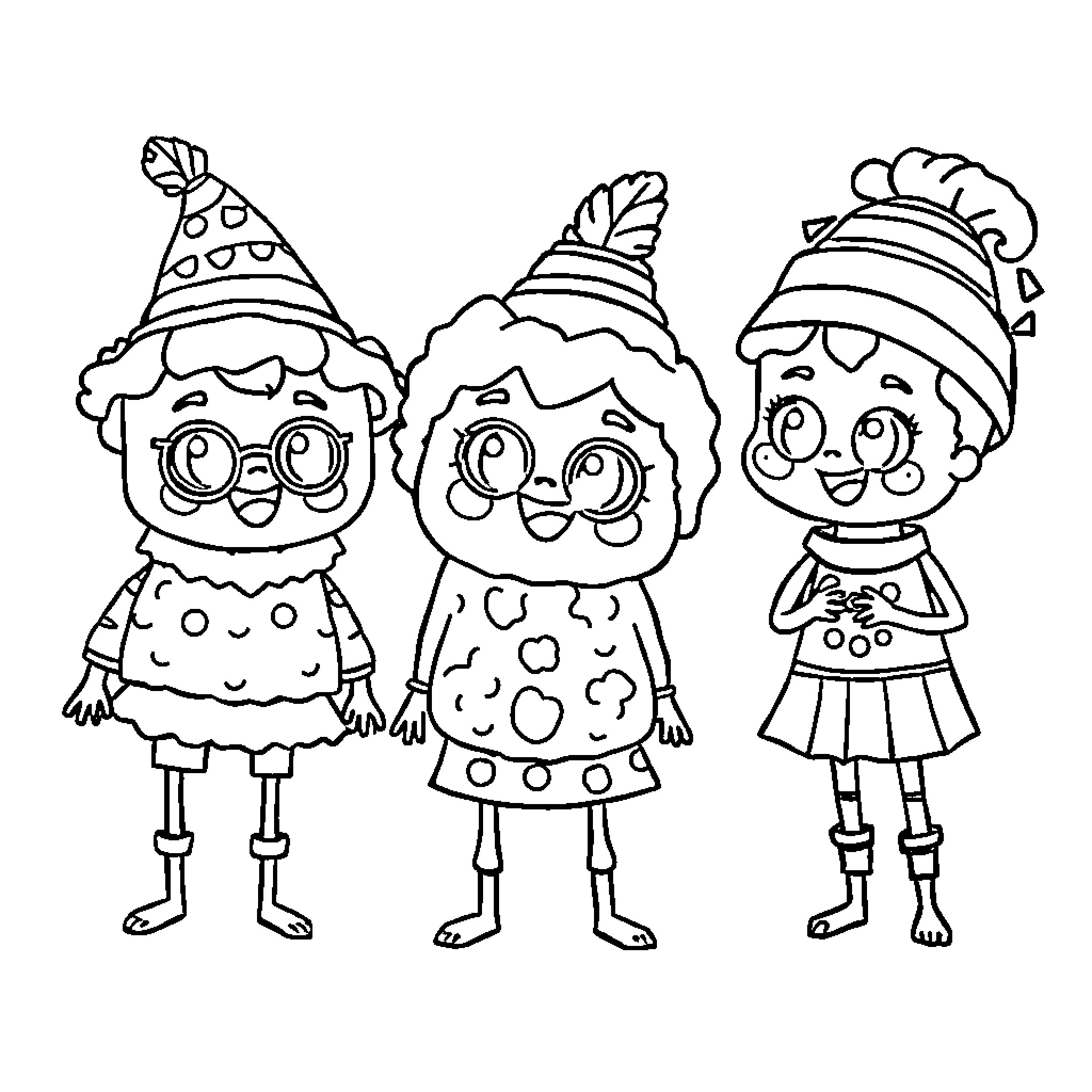 Tocaboca Figure Trio in Whimsical Attire Coloring Page (free black-and-white line drawing printable PDF for all, from beginners to advanced learners, including children, teens, adults, and seniors)