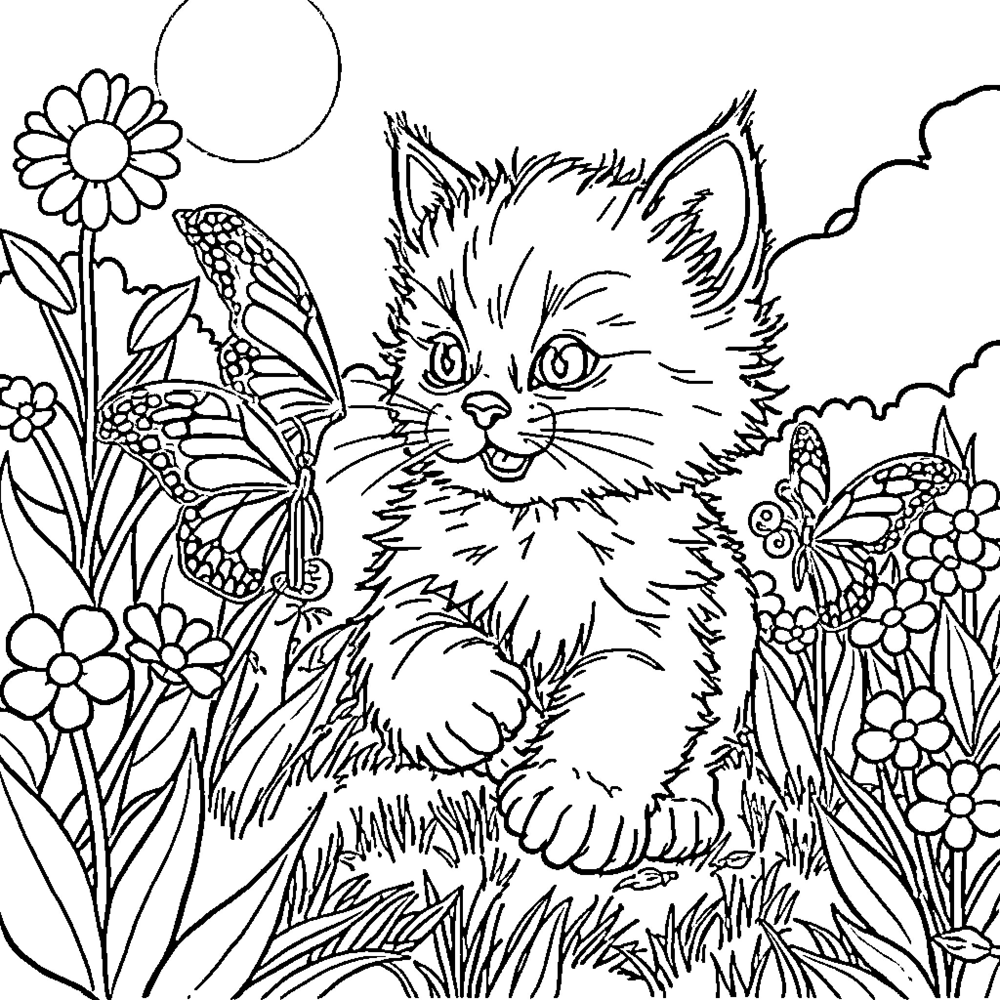 Kitten exploring the garden with butterflies Coloring Page (free black-and-white line drawing printable PDF for all, from beginners to advanced learners, including children, teens, adults, and seniors)