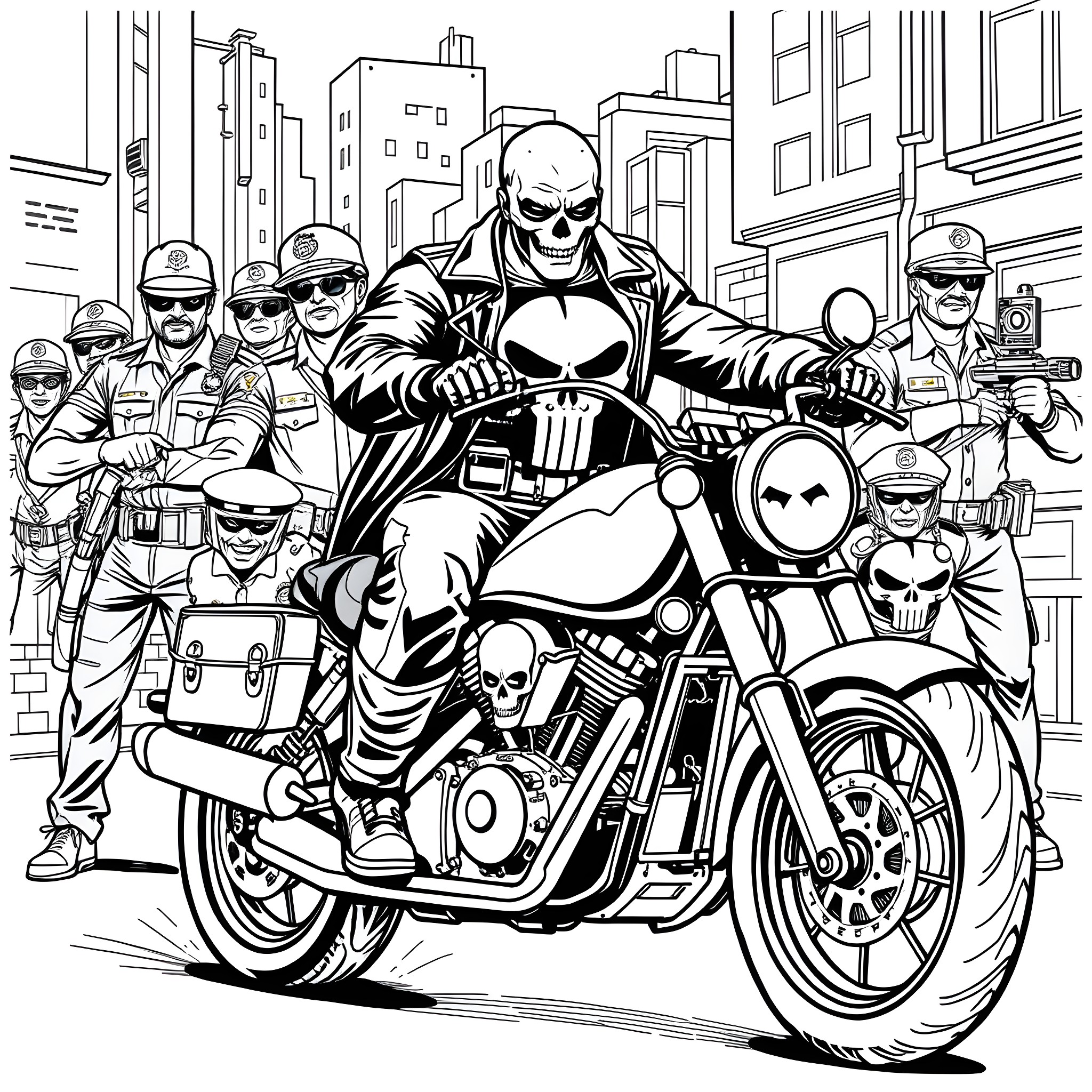 Punisher Unleashes Justice on the City Streets Coloring Page (free black-and-white line drawing printable PDF for all, from beginners to advanced learners, including children, teens, adults, and seniors)