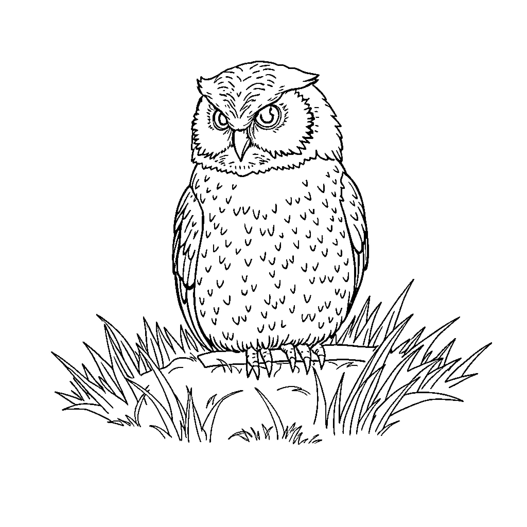 Owl perched in the grass Coloring Page (free black-and-white line drawing printable PDF for all, from beginners to advanced learners, including children, teens, adults, and seniors)
