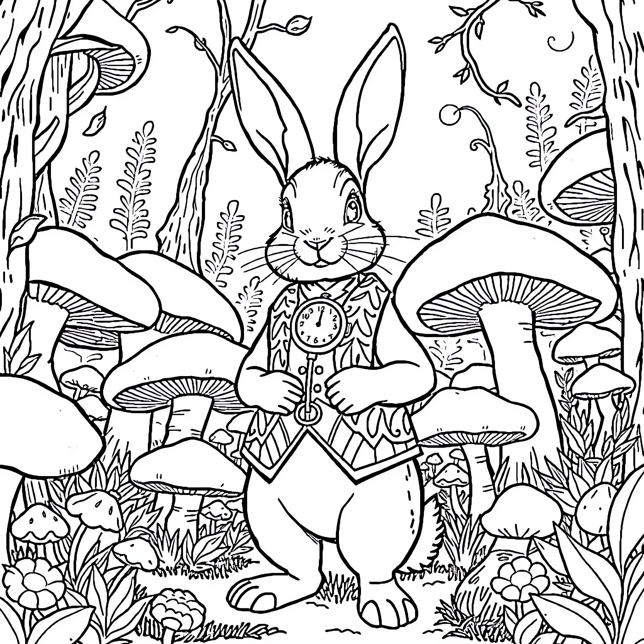 Rabbit exploring the enchanted forest Coloring Page (free black-and-white line drawing printable PDF for all, from beginners to advanced learners, including children, teens, adults, and seniors)