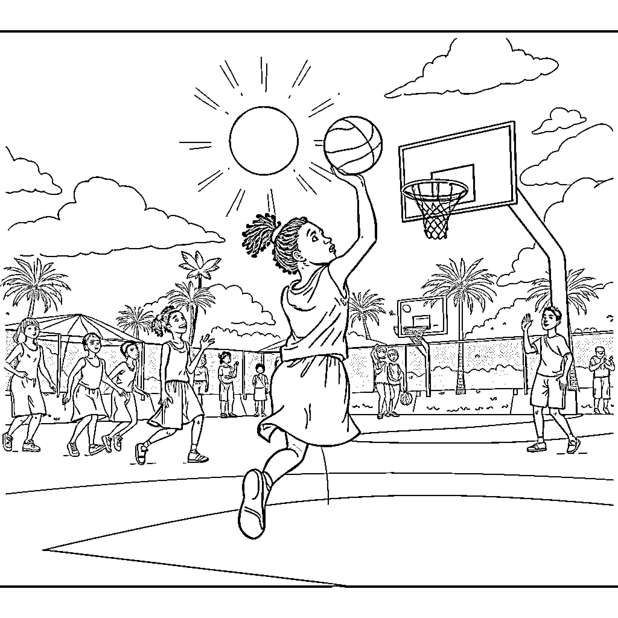 Basketball game on a sunny day Coloring Page (free black-and-white line drawing printable PDF for all, from beginners to advanced learners, including children, teens, adults, and seniors)