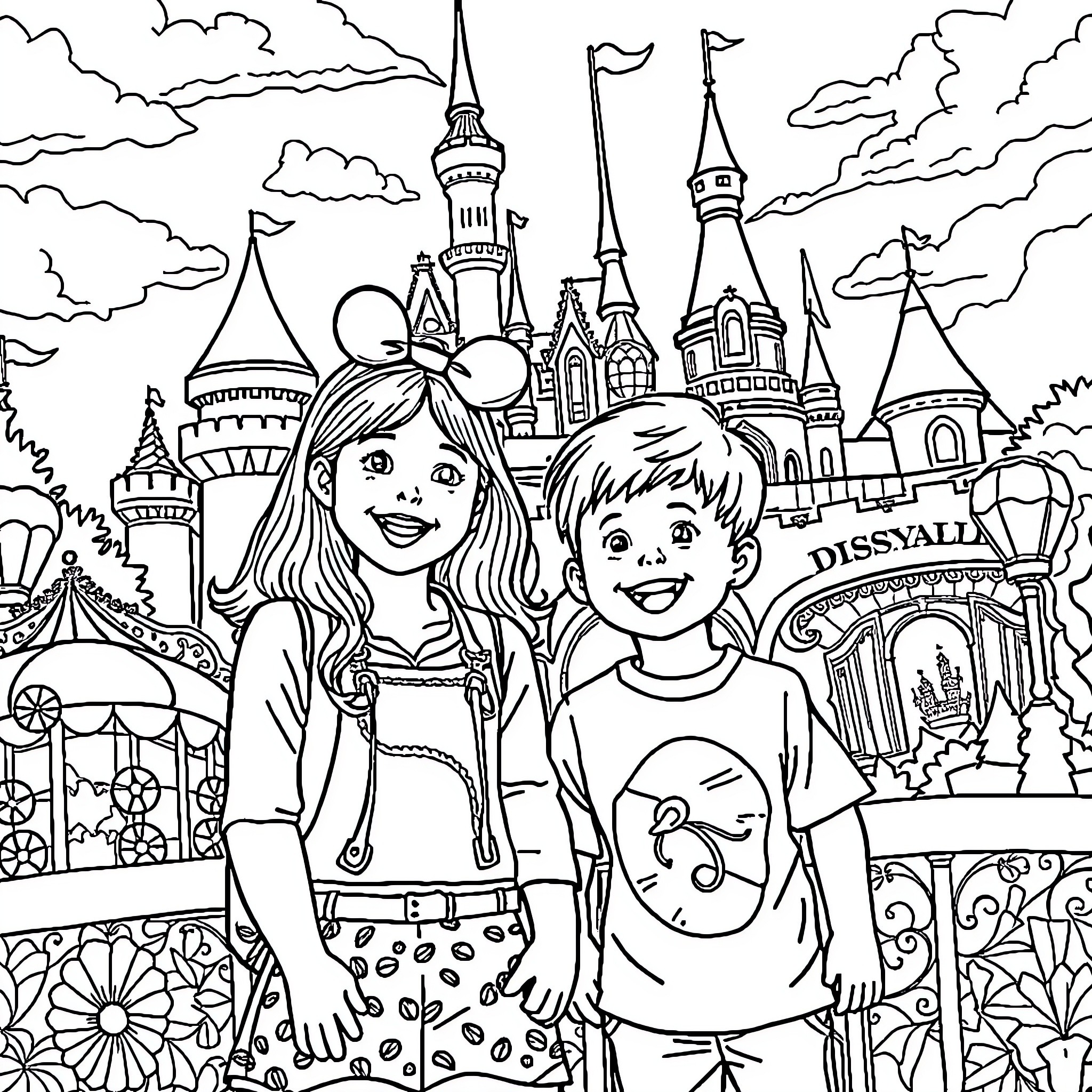 Child visiting magical castle with friend Coloring Page (free black-and-white line drawing printable PDF for all, from beginners to advanced learners, including children, teens, adults, and seniors)