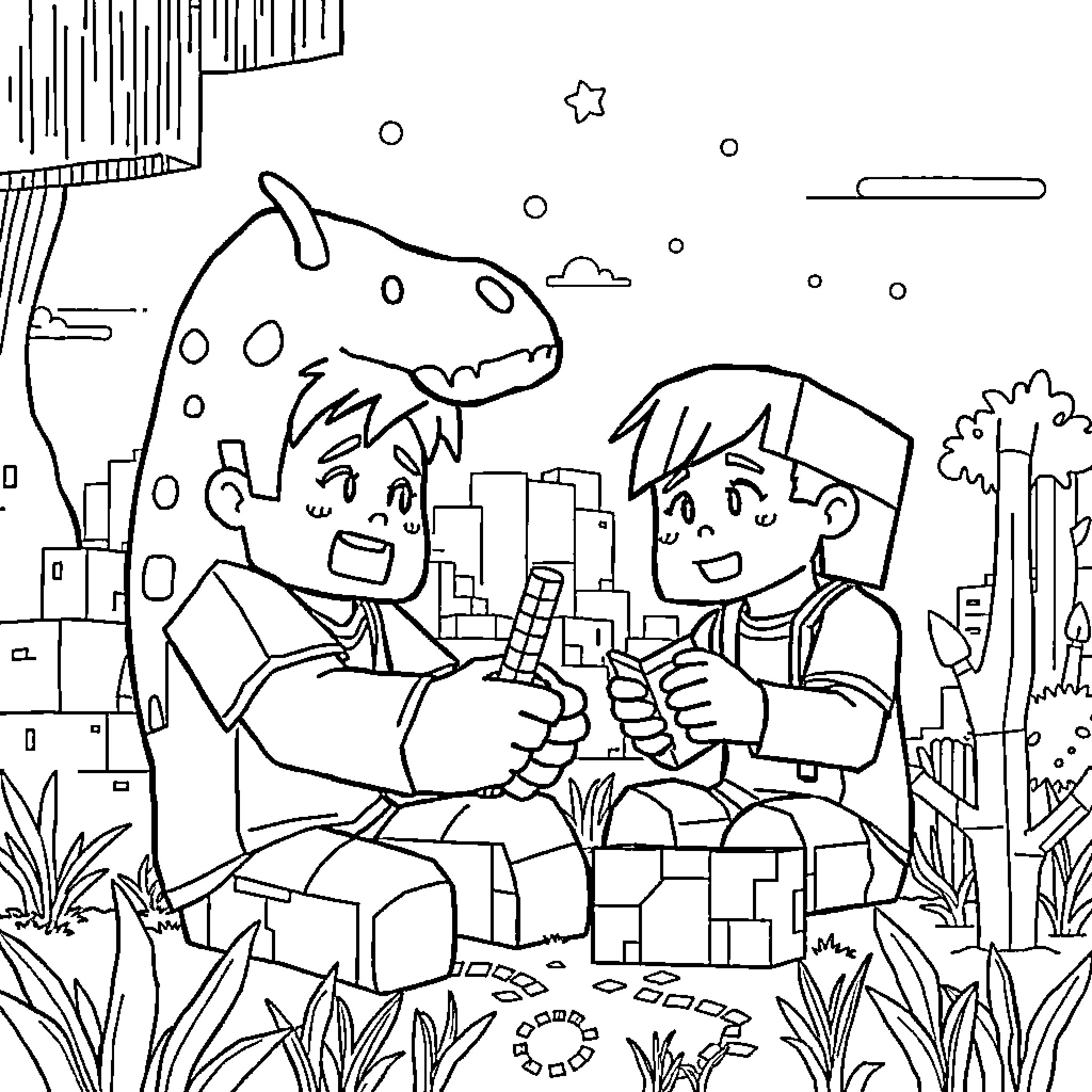 Tralalero Kids Enjoying Adventure with Friendly Monster Coloring Page (free black-and-white line drawing printable PDF for all, from beginners to advanced learners, including children, teens, adults, and seniors)