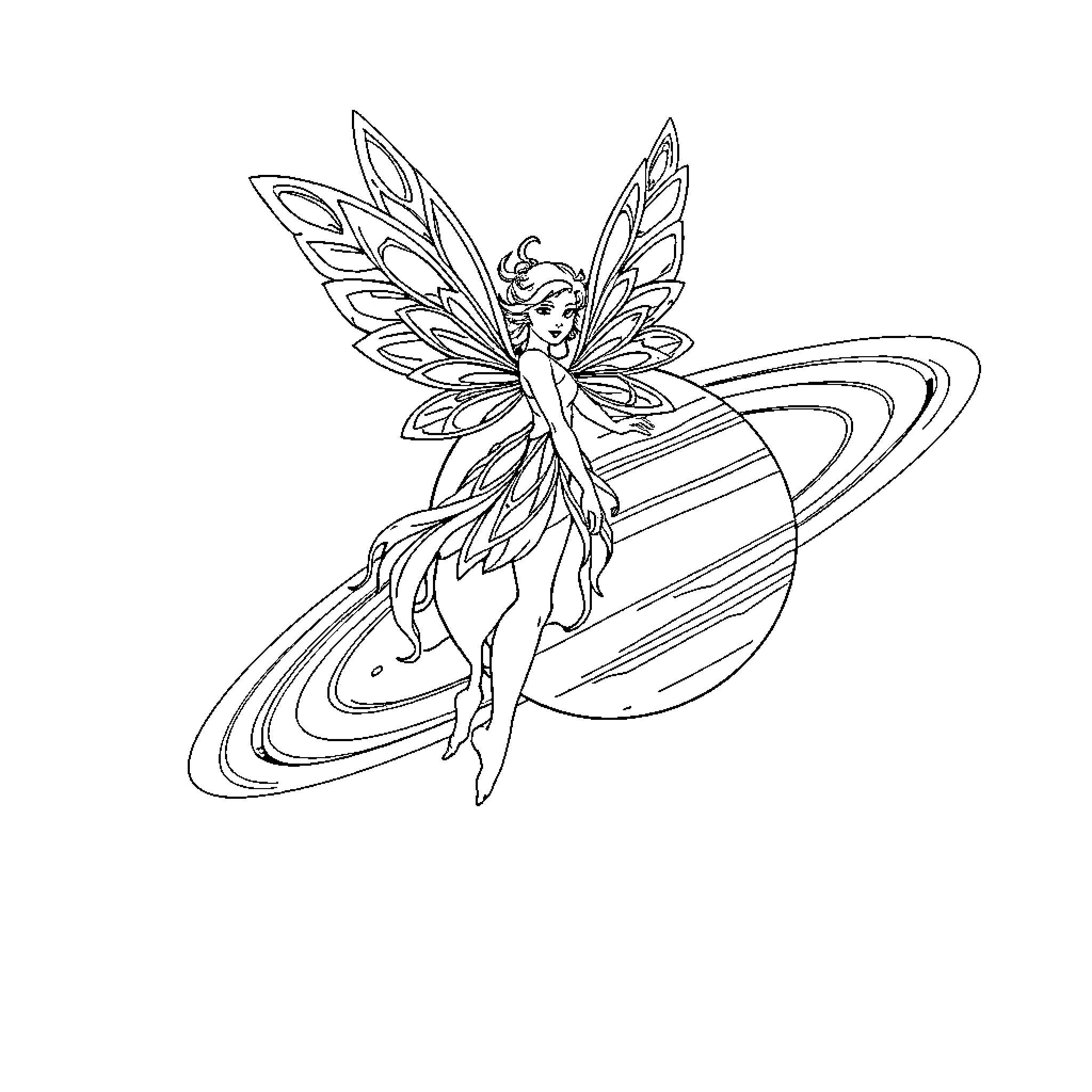 Fairy flying gracefully in a cosmic landscape Coloring Page (free black-and-white line drawing printable PDF for all, from beginners to advanced learners, including children, teens, adults, and seniors)