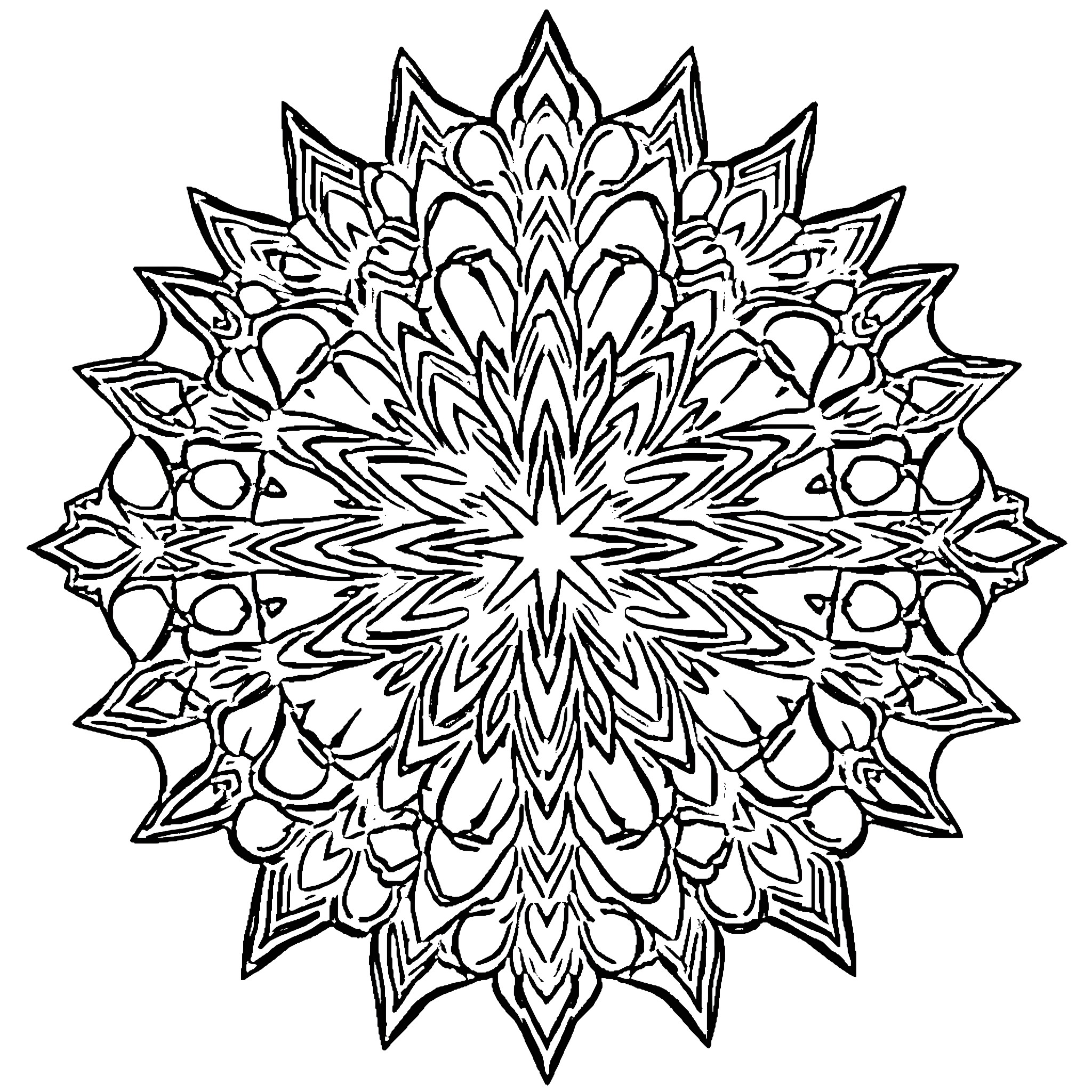 Mandala of intricate floral patterns Coloring Page (free black-and-white line drawing printable PDF for all, from beginners to advanced learners, including children, teens, adults, and seniors)