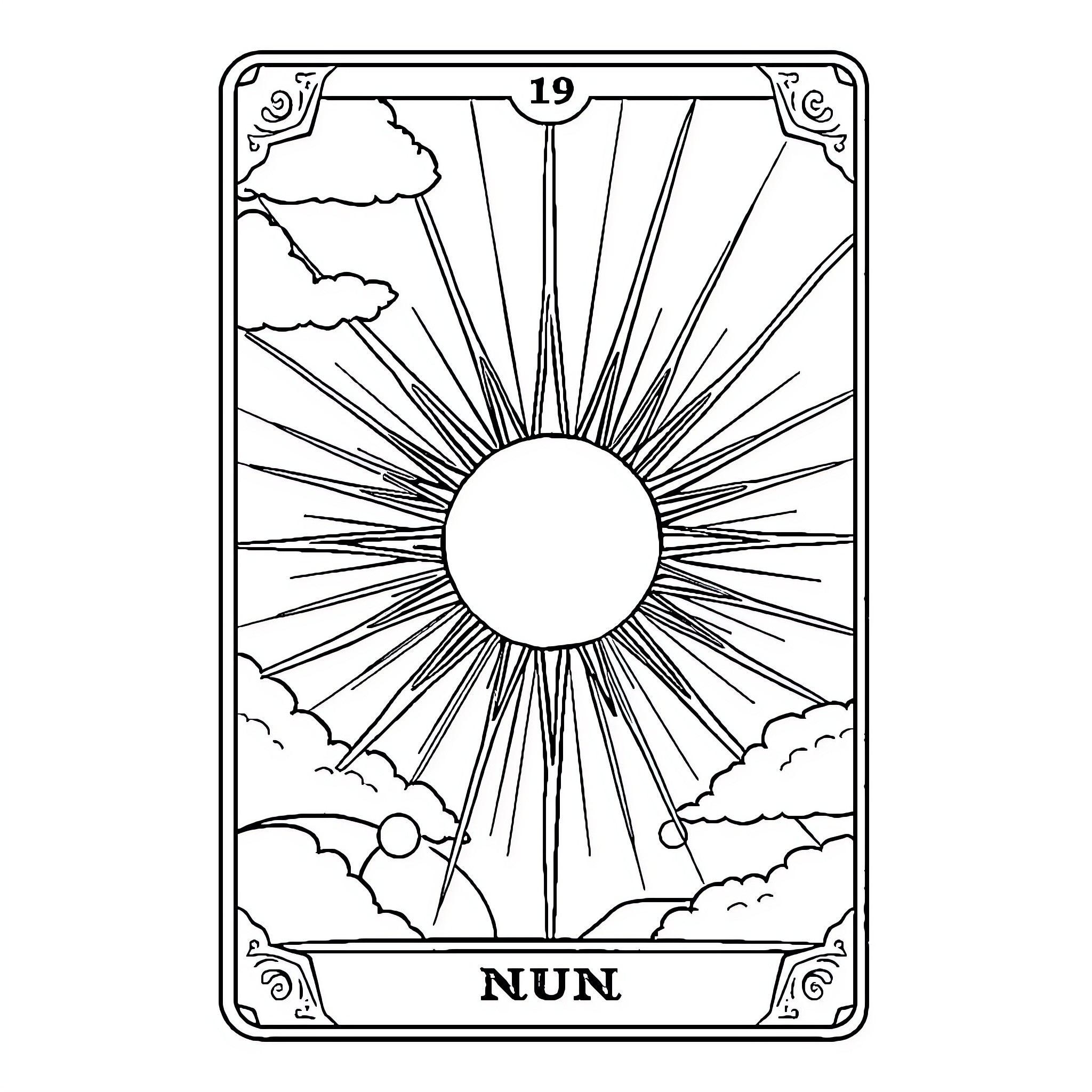 Tarot Card depicting a radiant sun with clouds Coloring Page (free black-and-white line drawing printable PDF for all, from beginners to advanced learners, including children, teens, adults, and seniors)