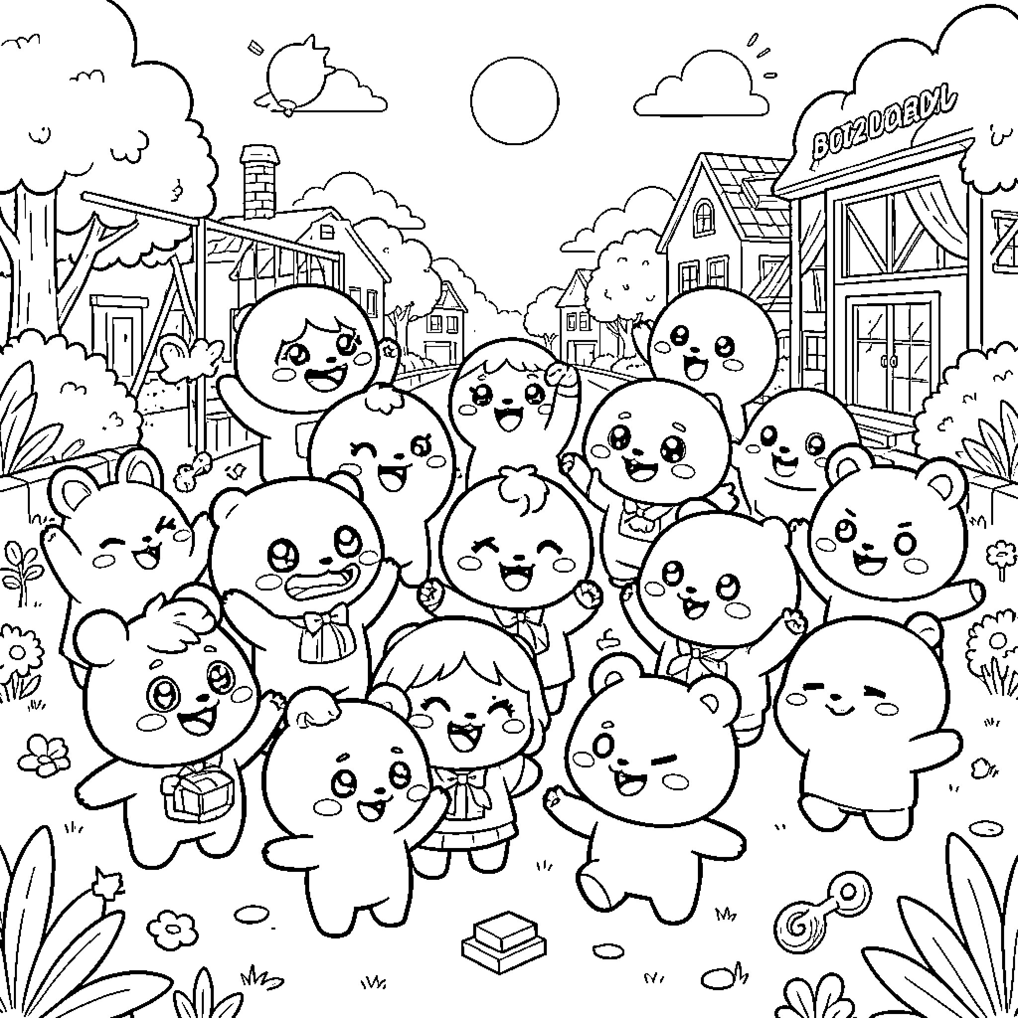 BT21 Characters Gathered in a Cartoon Town Coloring Page (free black-and-white line drawing printable PDF for all, from beginners to advanced learners, including children, teens, adults, and seniors)