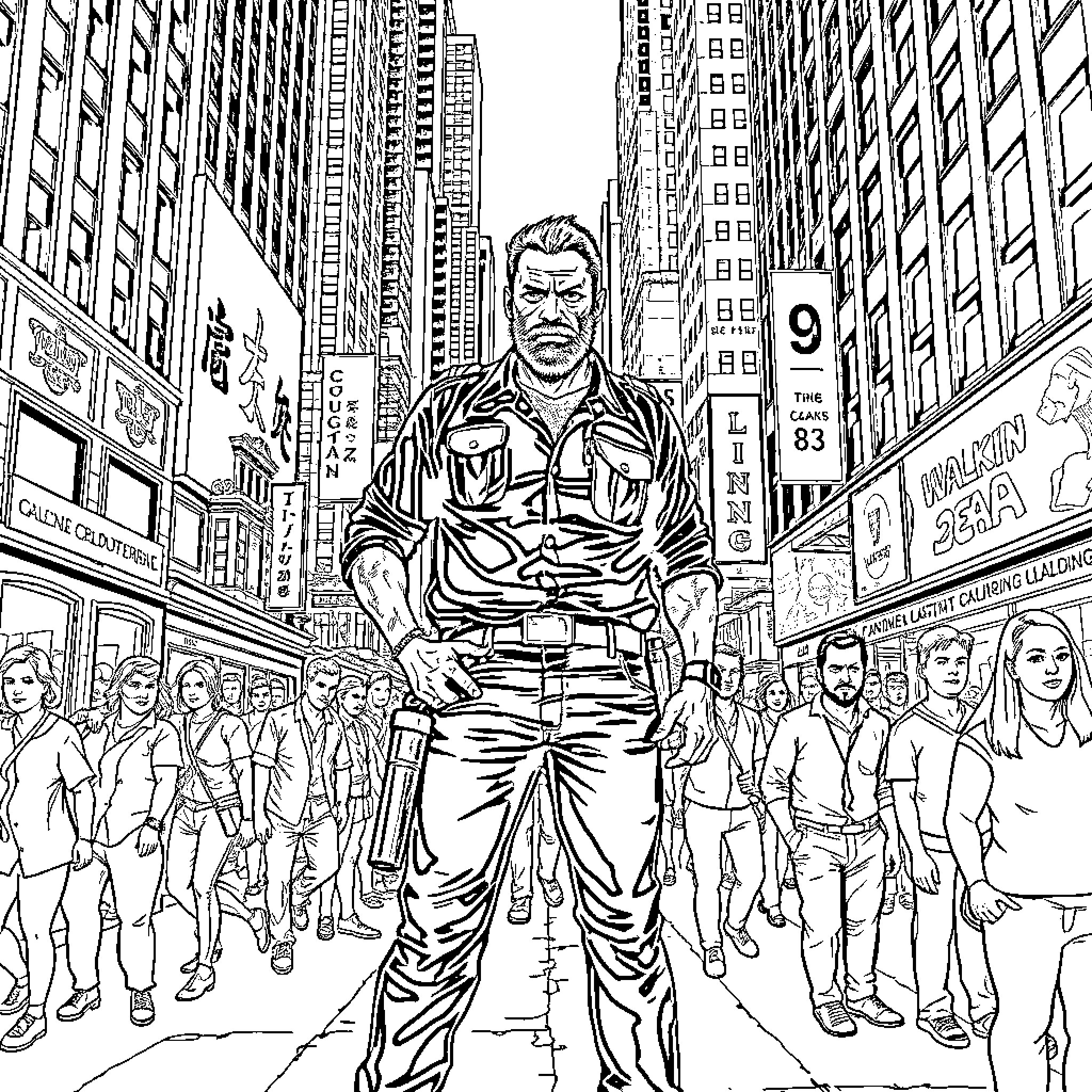 Negan commanding a crowd in a bustling city scene Coloring Page (free black-and-white line drawing printable PDF for all, from beginners to advanced learners, including children, teens, adults, and seniors)