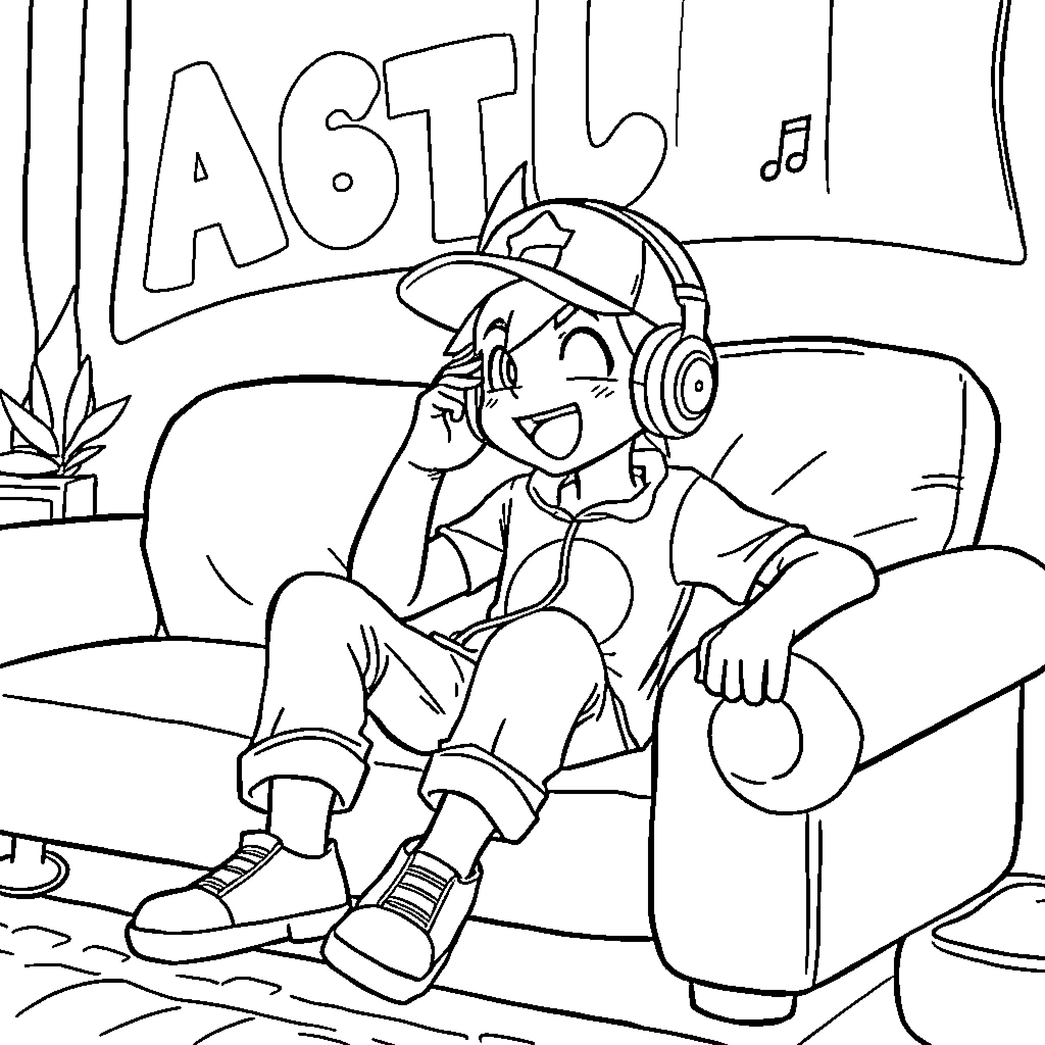 Ash Ketchum relaxing and listening to music at home Coloring Page (free black-and-white line drawing printable PDF for all, from beginners to advanced learners, including children, teens, adults, and seniors)