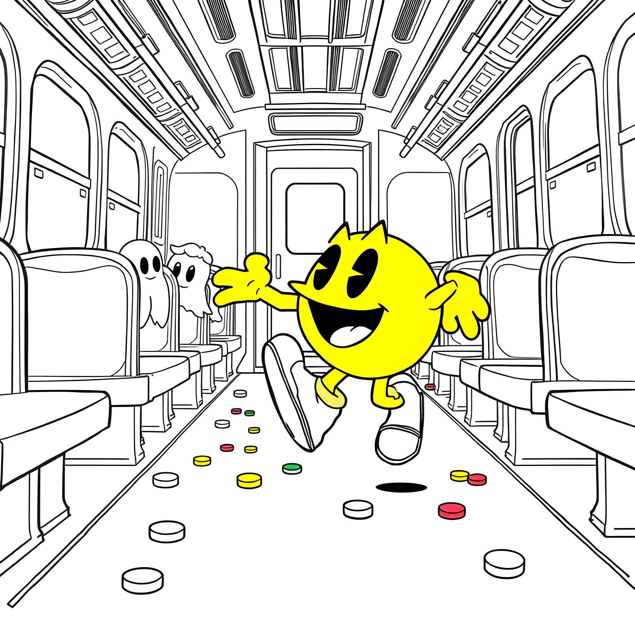 Pac-Man enjoying a ride on the bus Coloring Page (free black-and-white line drawing printable PDF for all, from beginners to advanced learners, including children, teens, adults, and seniors)