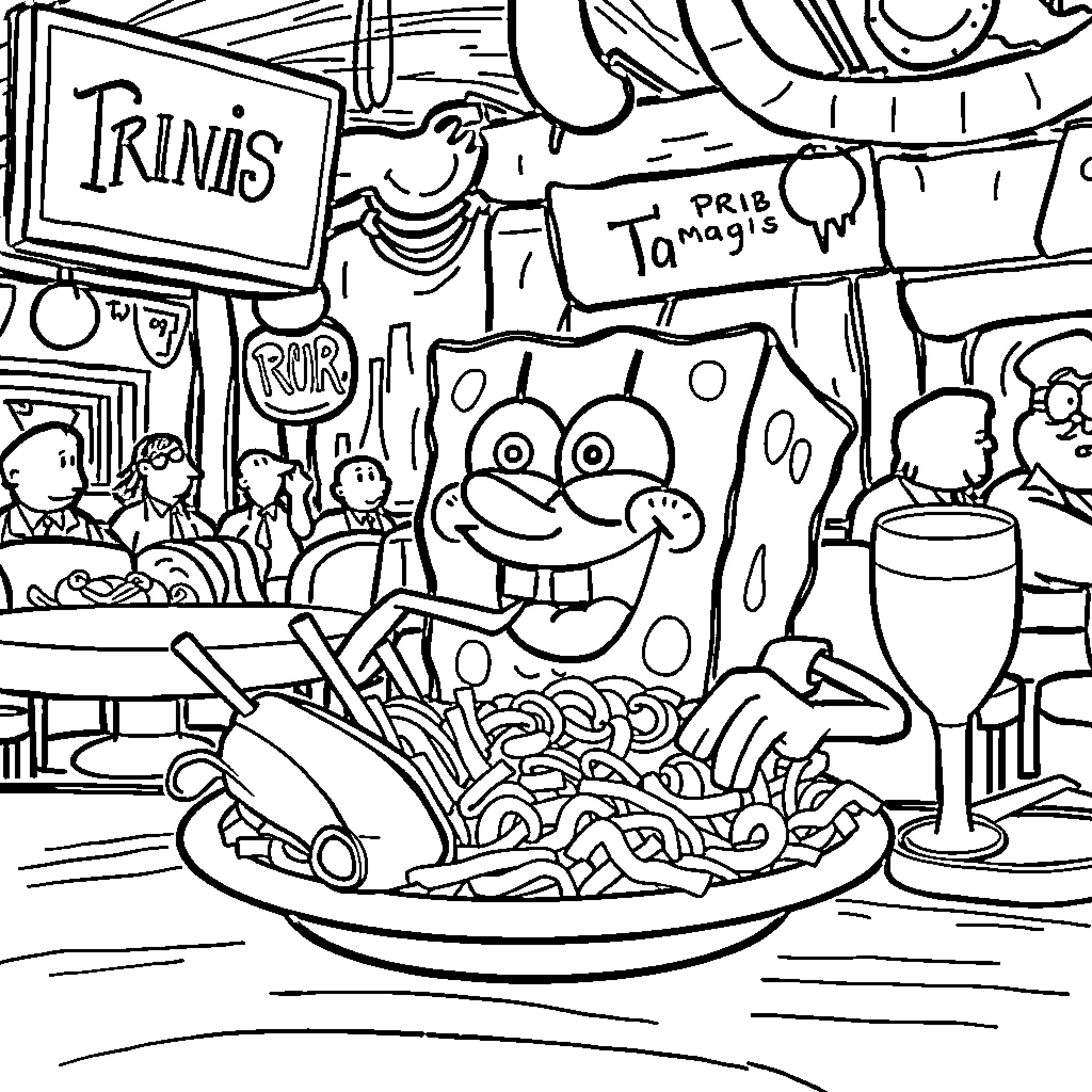 Spongebob enjoying a seafood dish at a diner Coloring Page (free black-and-white line drawing printable PDF for all, from beginners to advanced learners, including children, teens, adults, and seniors)