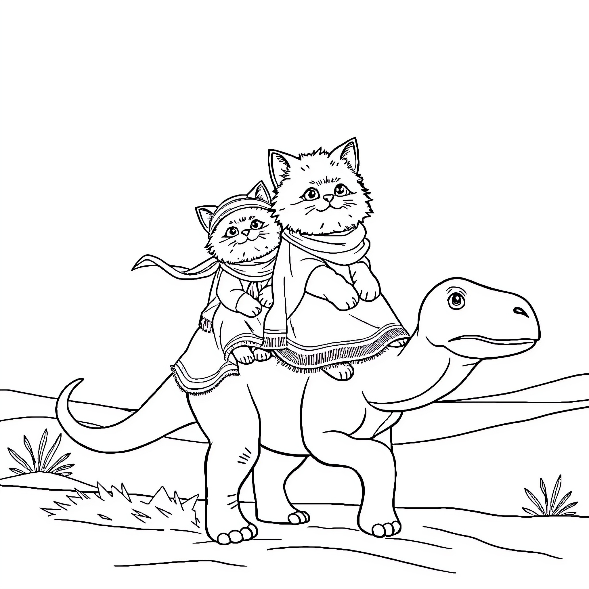 Cat companions riding on a dinosaur Coloring Page (free black-and-white line drawing printable PDF for all, from beginners to advanced learners, including children, teens, adults, and seniors)