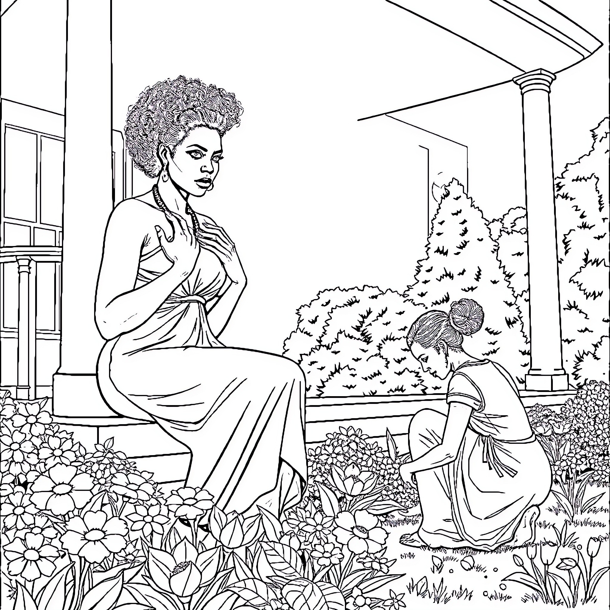 Woman in classical dress posing in a garden Coloring Page (free black-and-white line drawing printable PDF for all, from beginners to advanced learners, including children, teens, adults, and seniors)
