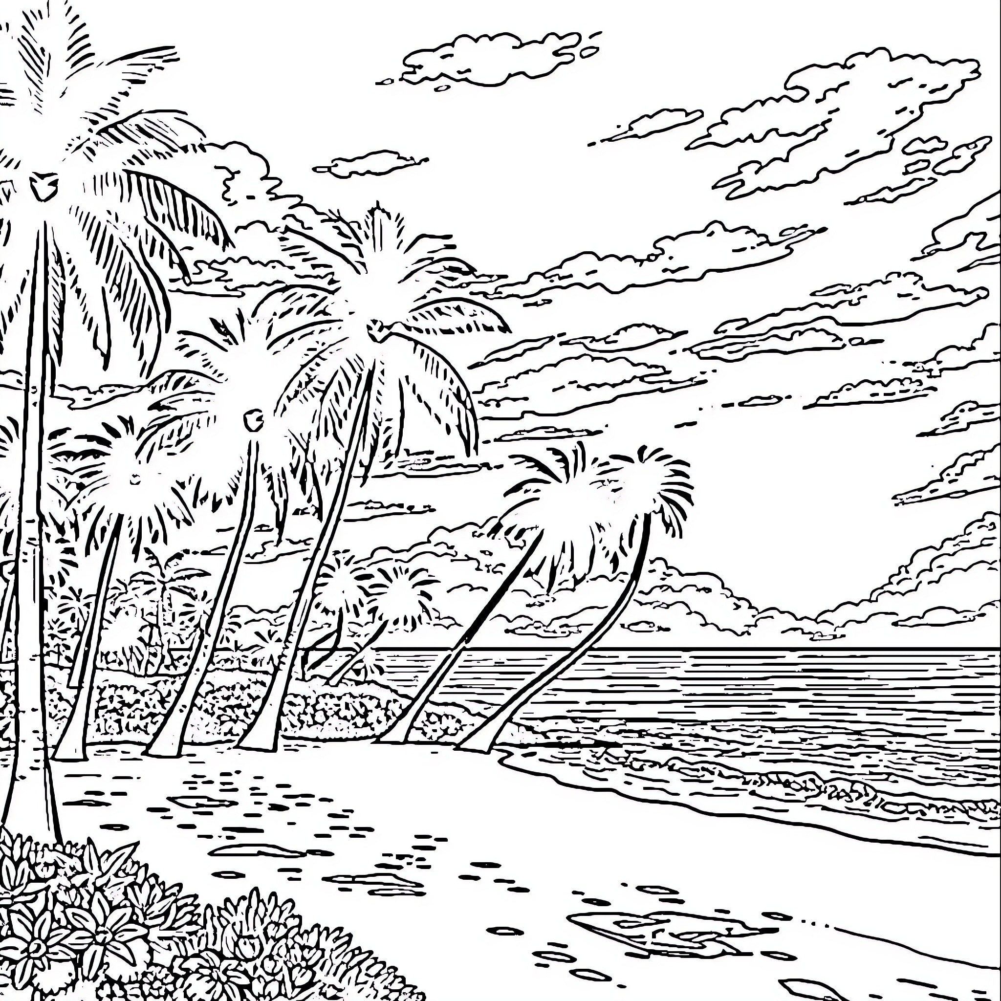 Beach scene with palm trees and cloudy sky Coloring Page (free black-and-white line drawing printable PDF for all, from beginners to advanced learners, including children, teens, adults, and seniors)