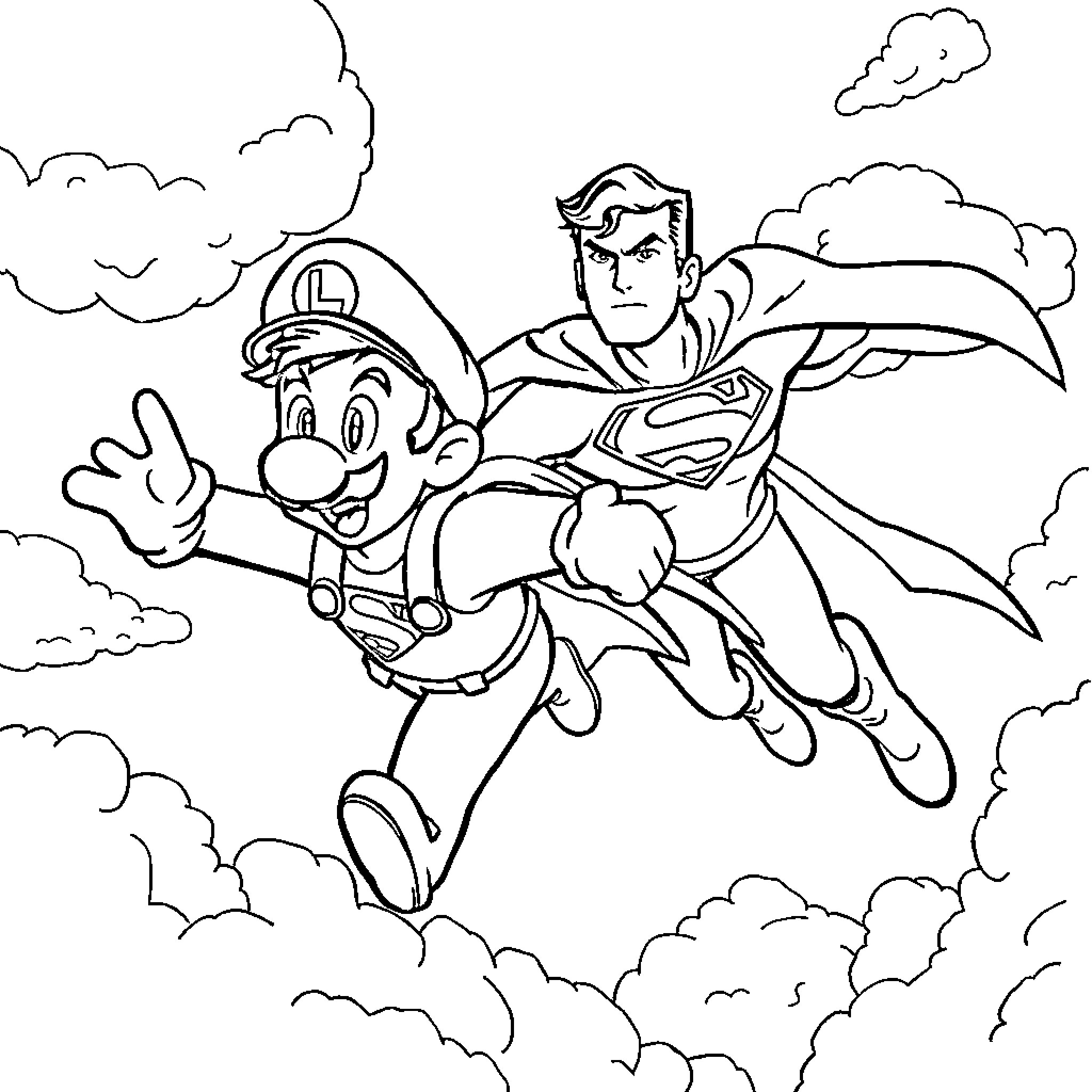 Luigi soaring with Superman in the sky Coloring Page (free black-and-white line drawing printable PDF for all, from beginners to advanced learners, including children, teens, adults, and seniors)
